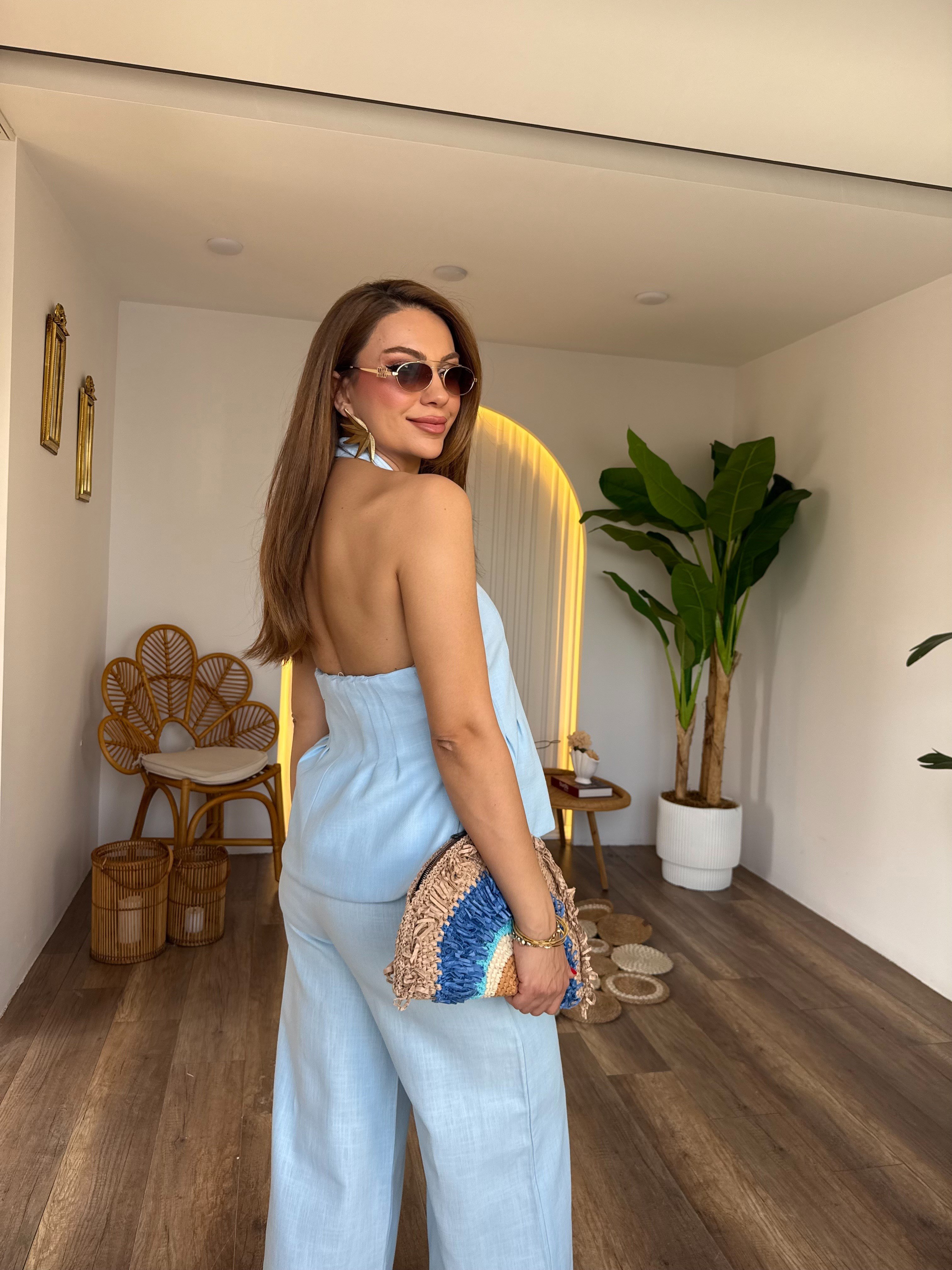 11717 Keten Önden Düğme Detaylı Pantolon Bluz Takım