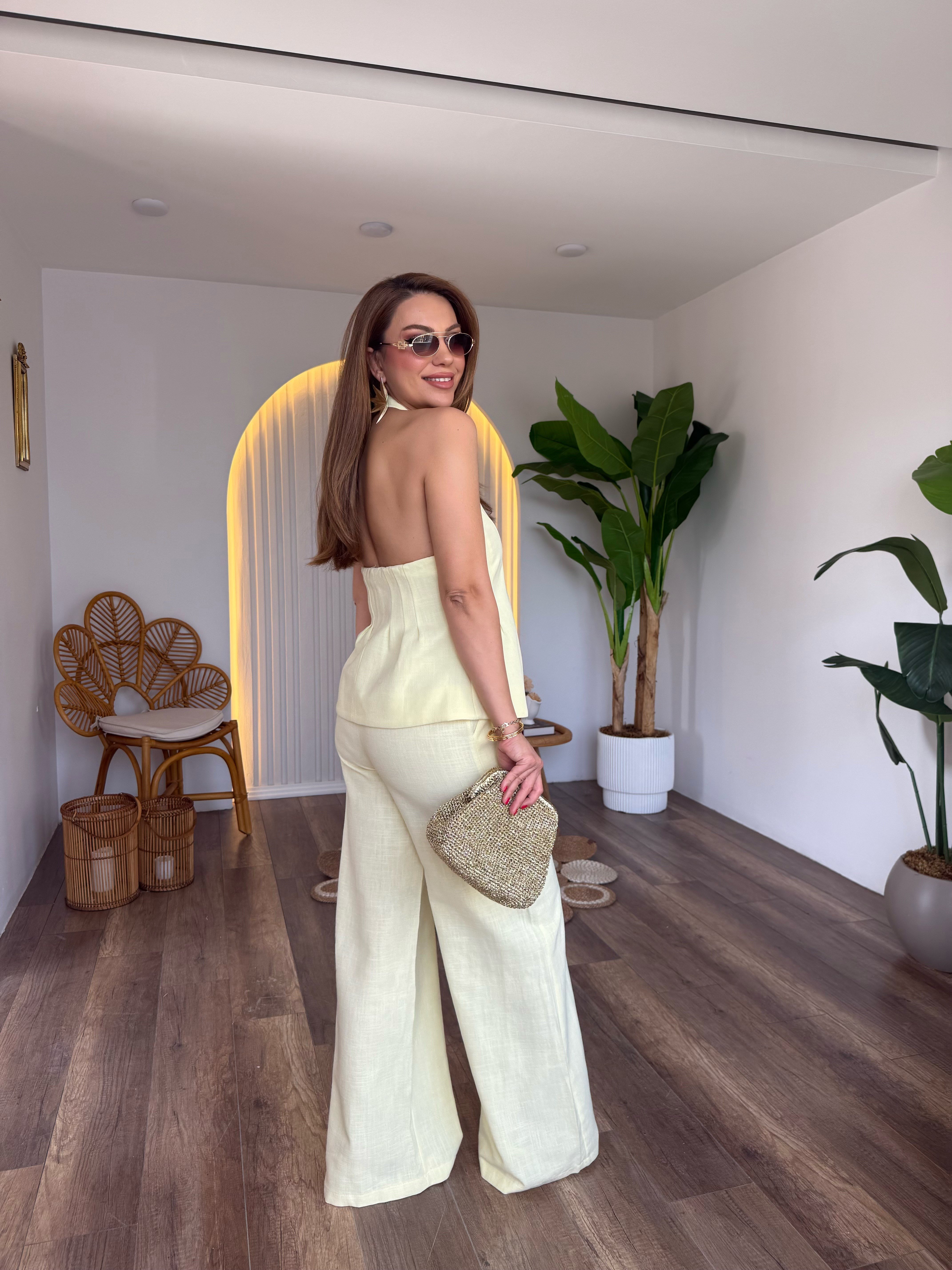11717 Keten Önden Düğme Detaylı Pantolon Bluz Takım