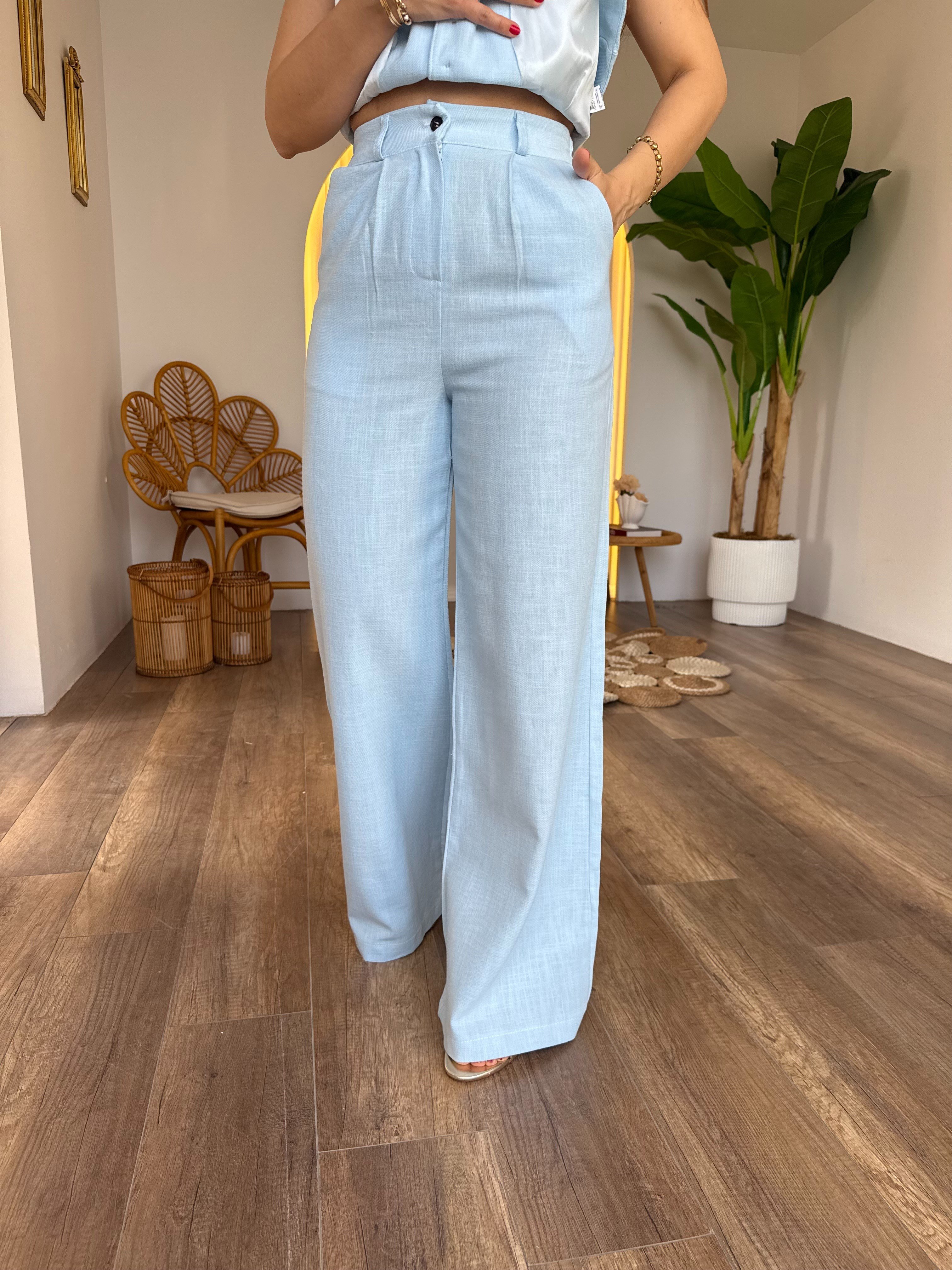 11717 Keten Önden Düğme Detaylı Pantolon Bluz Takım