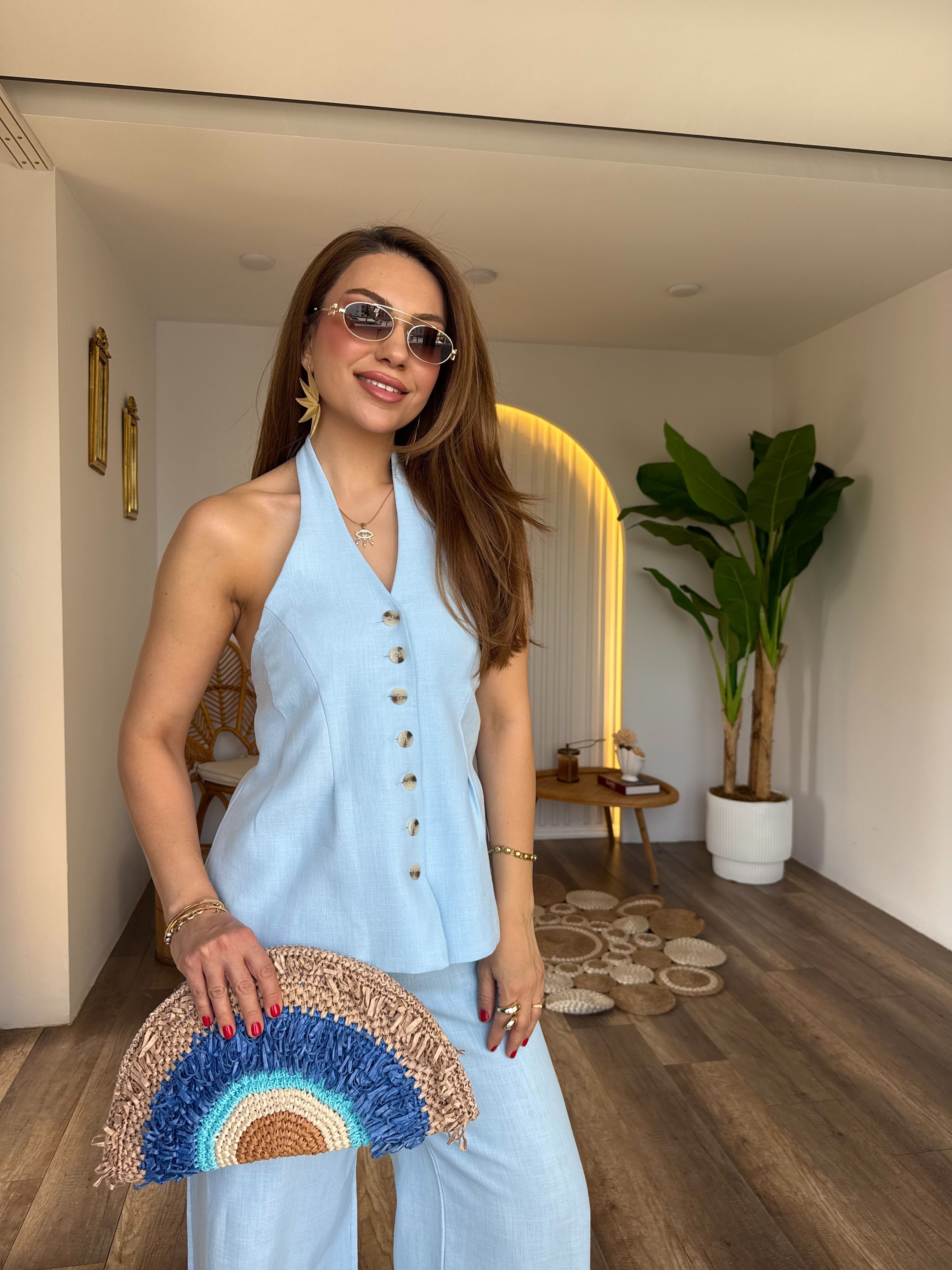 11717 Keten Önden Düğme Detaylı Pantolon Bluz Takım