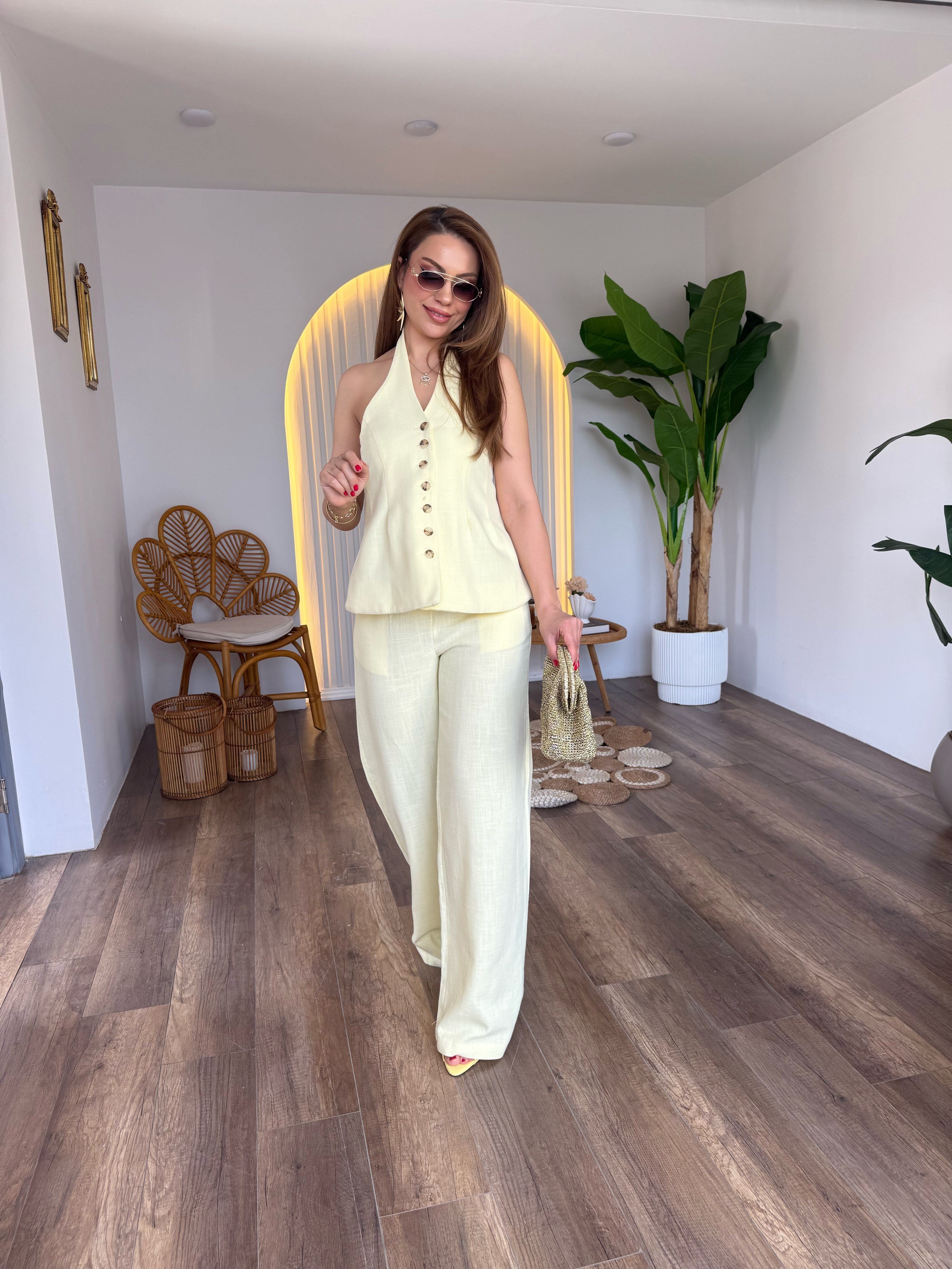 11717 Keten Önden Düğme Detaylı Pantolon Bluz Takım