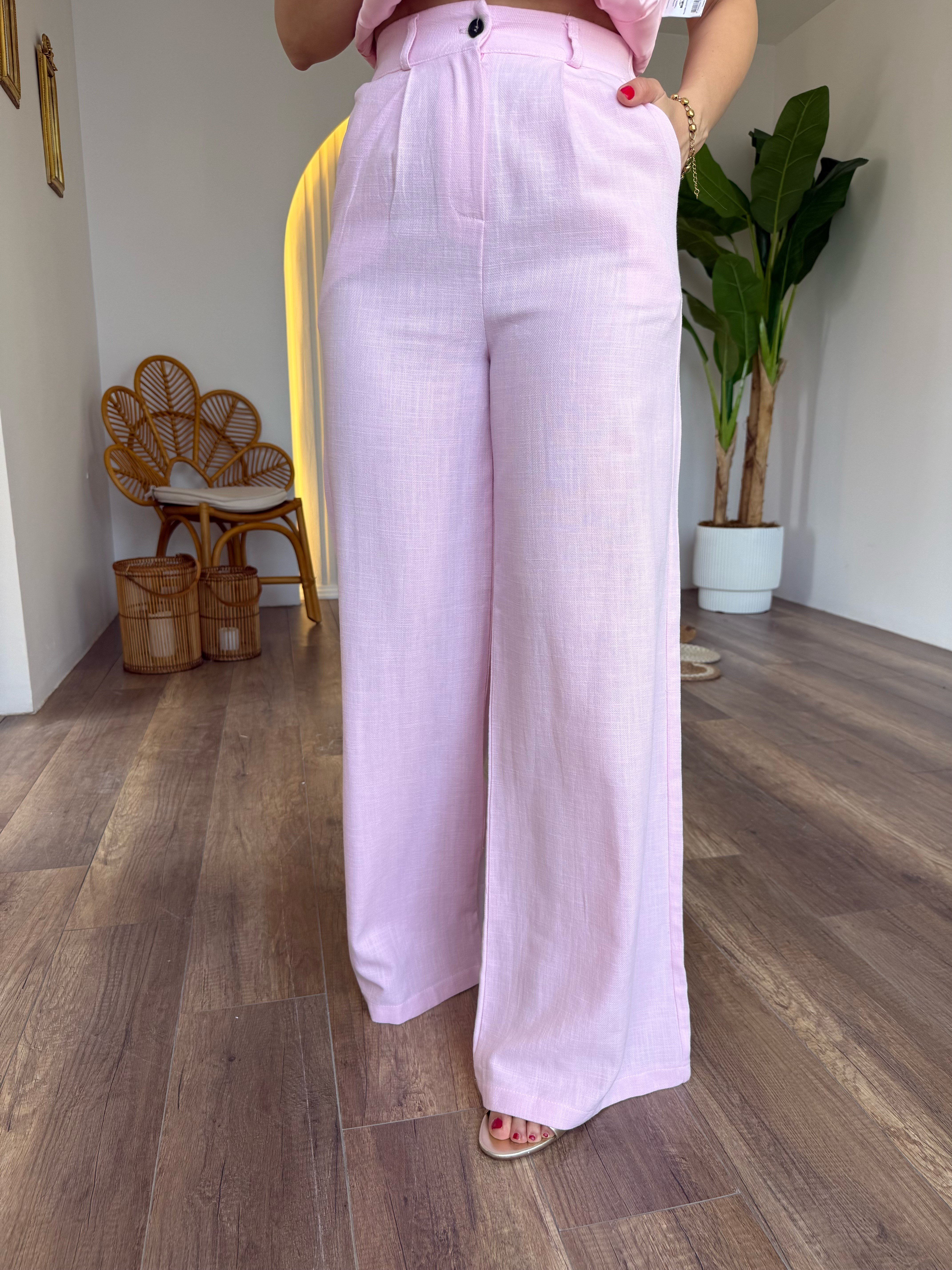 11717 Keten Önden Düğme Detaylı Pantolon Bluz Takım