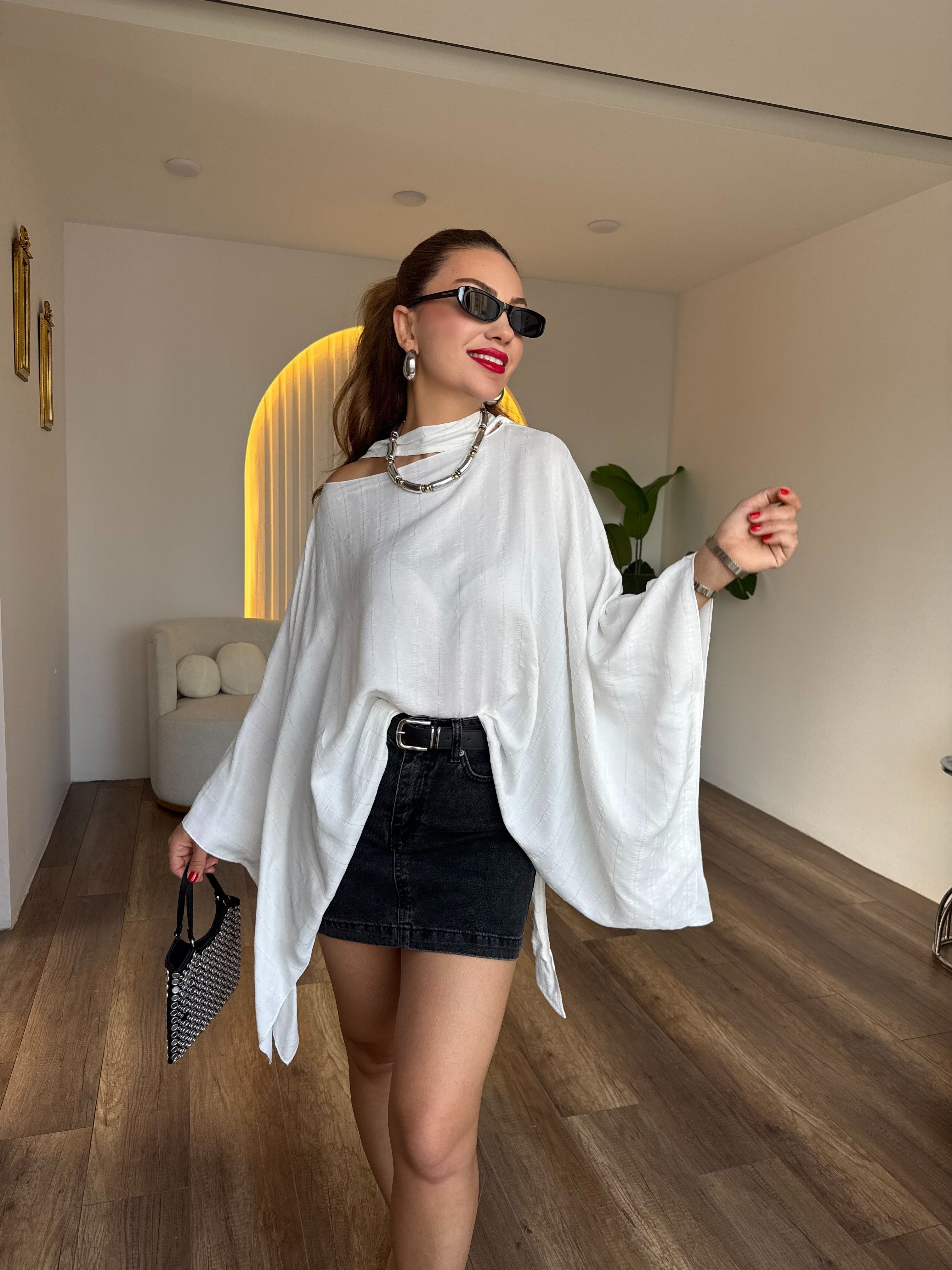 11841 Kendinden Simli Çizgili Panço BLuz