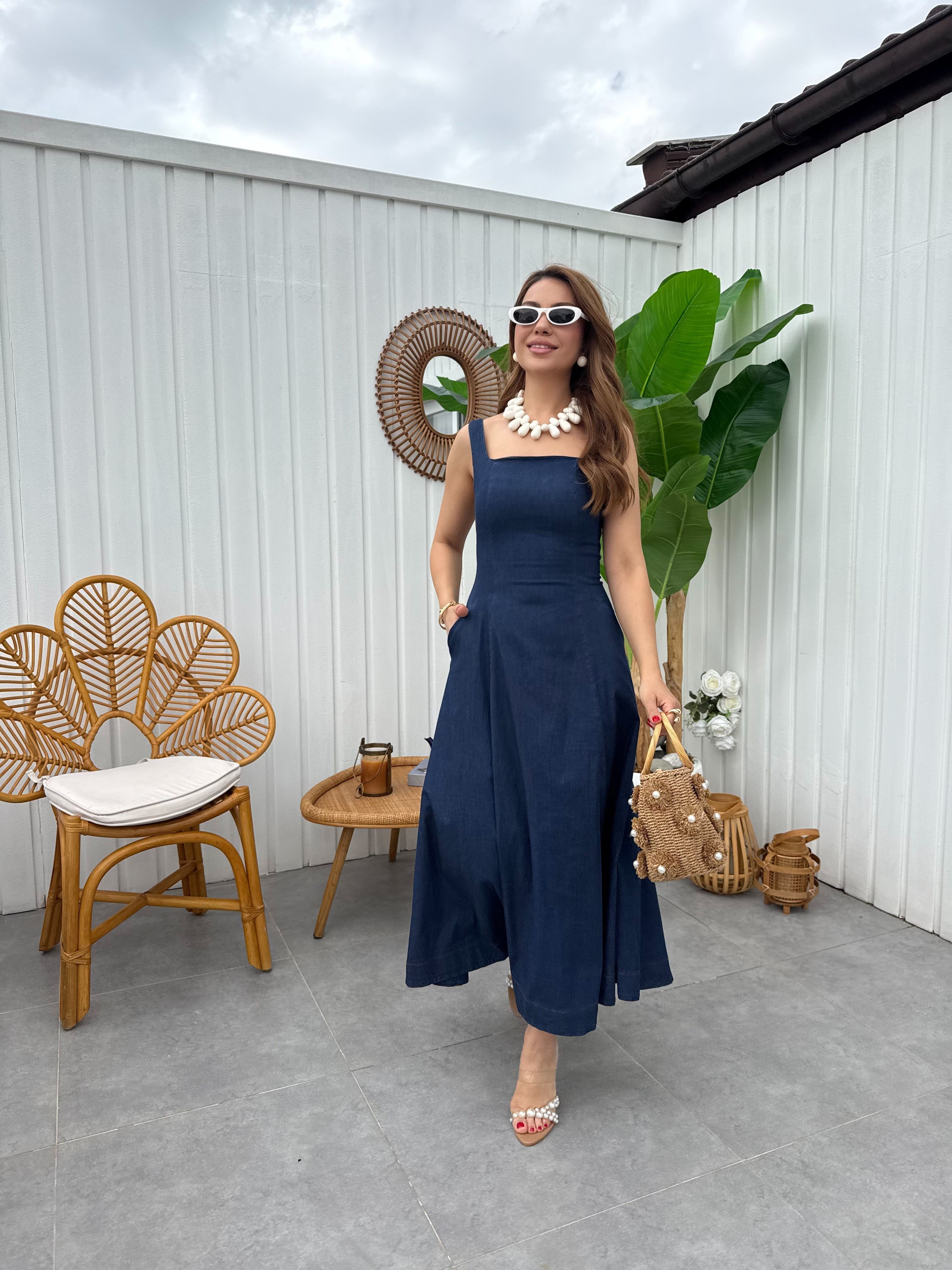 11883 Askılı Denim Elbise