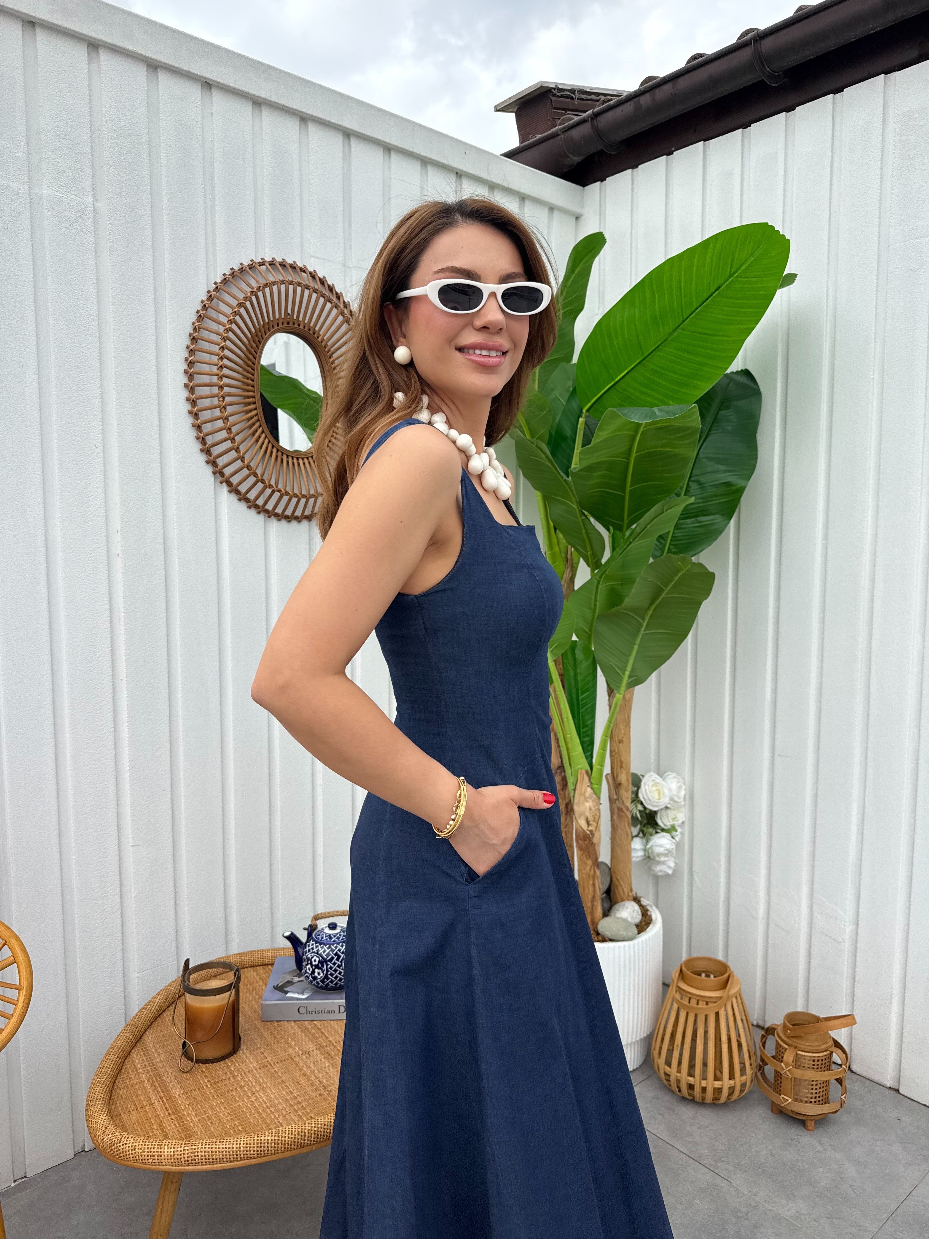 11883 Askılı Denim Elbise