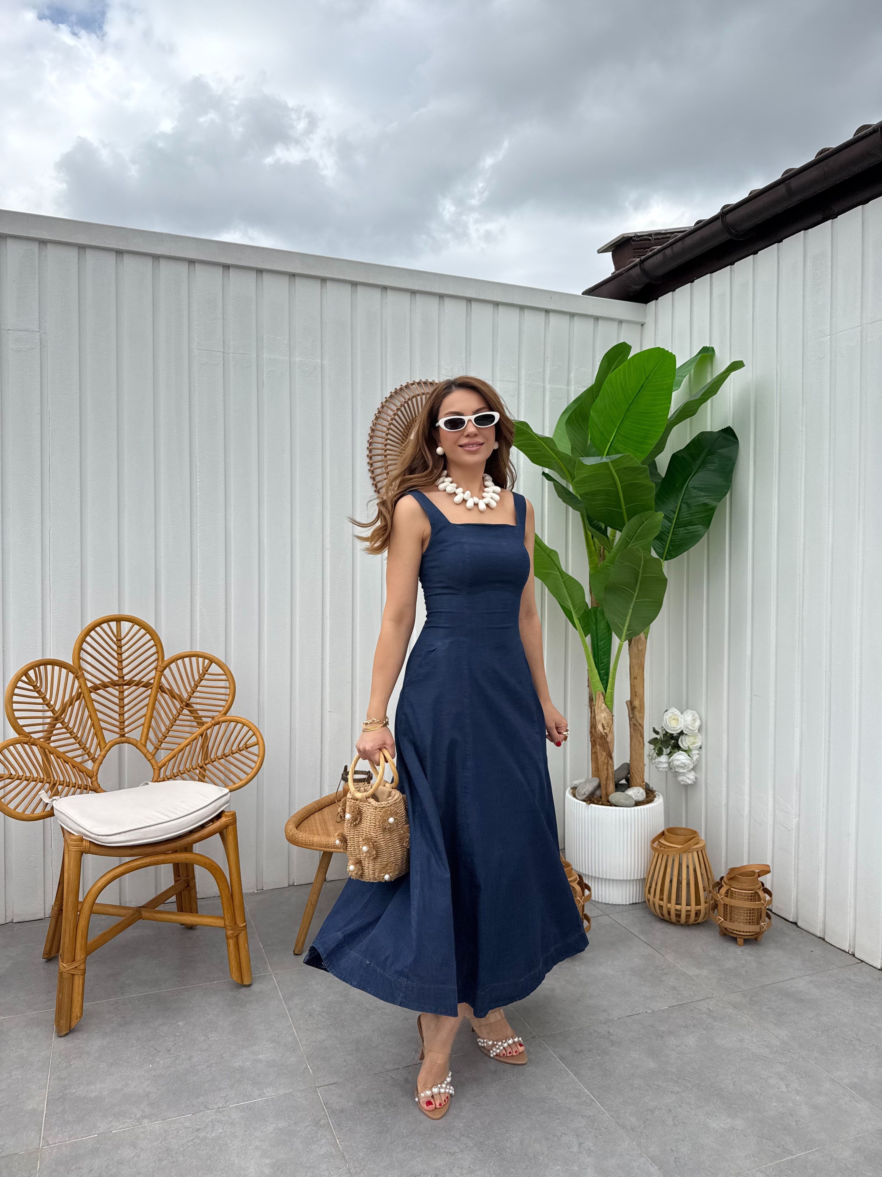 11883 Askılı Denim Elbise