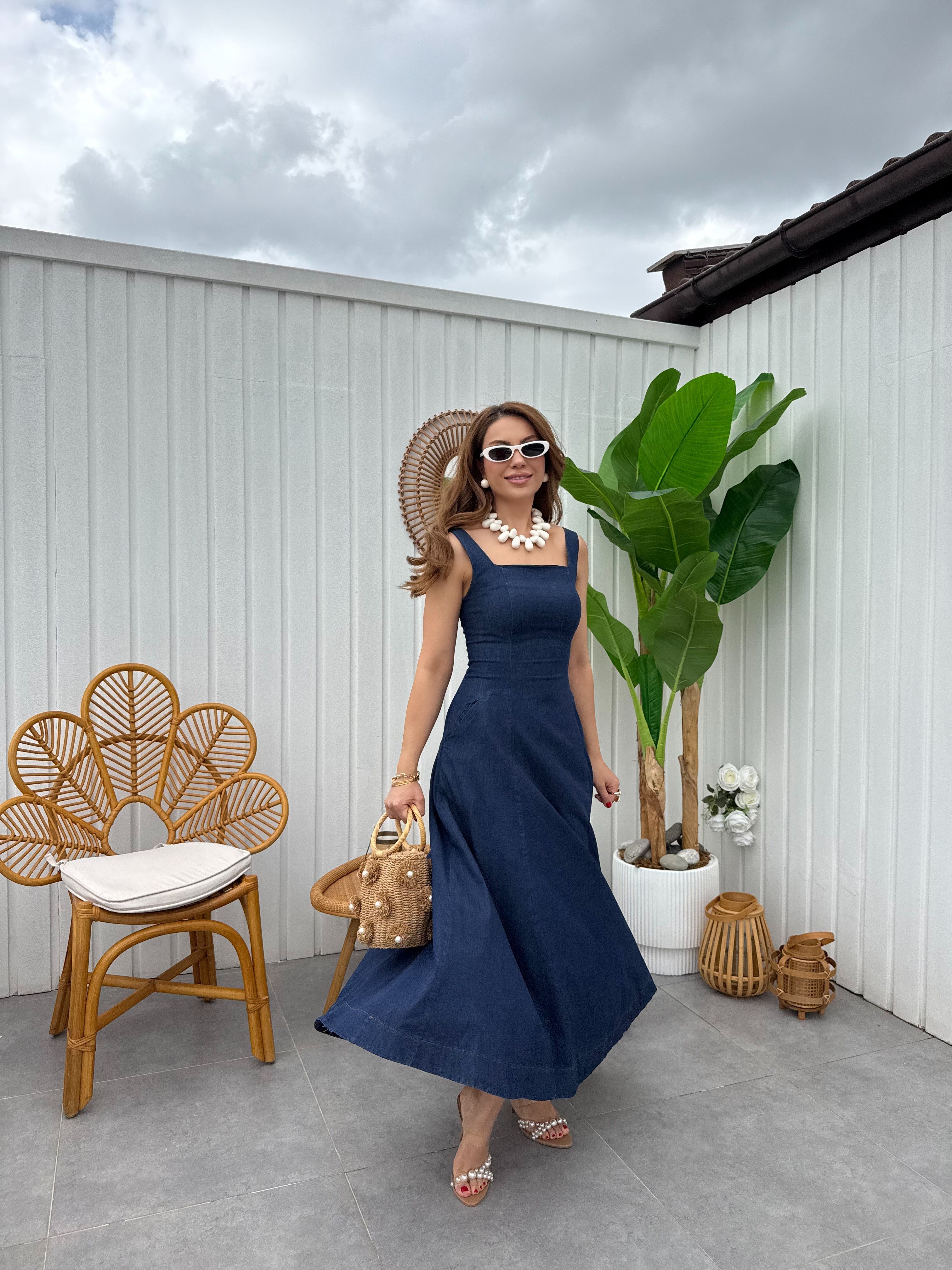 11883 Askılı Denim Elbise
