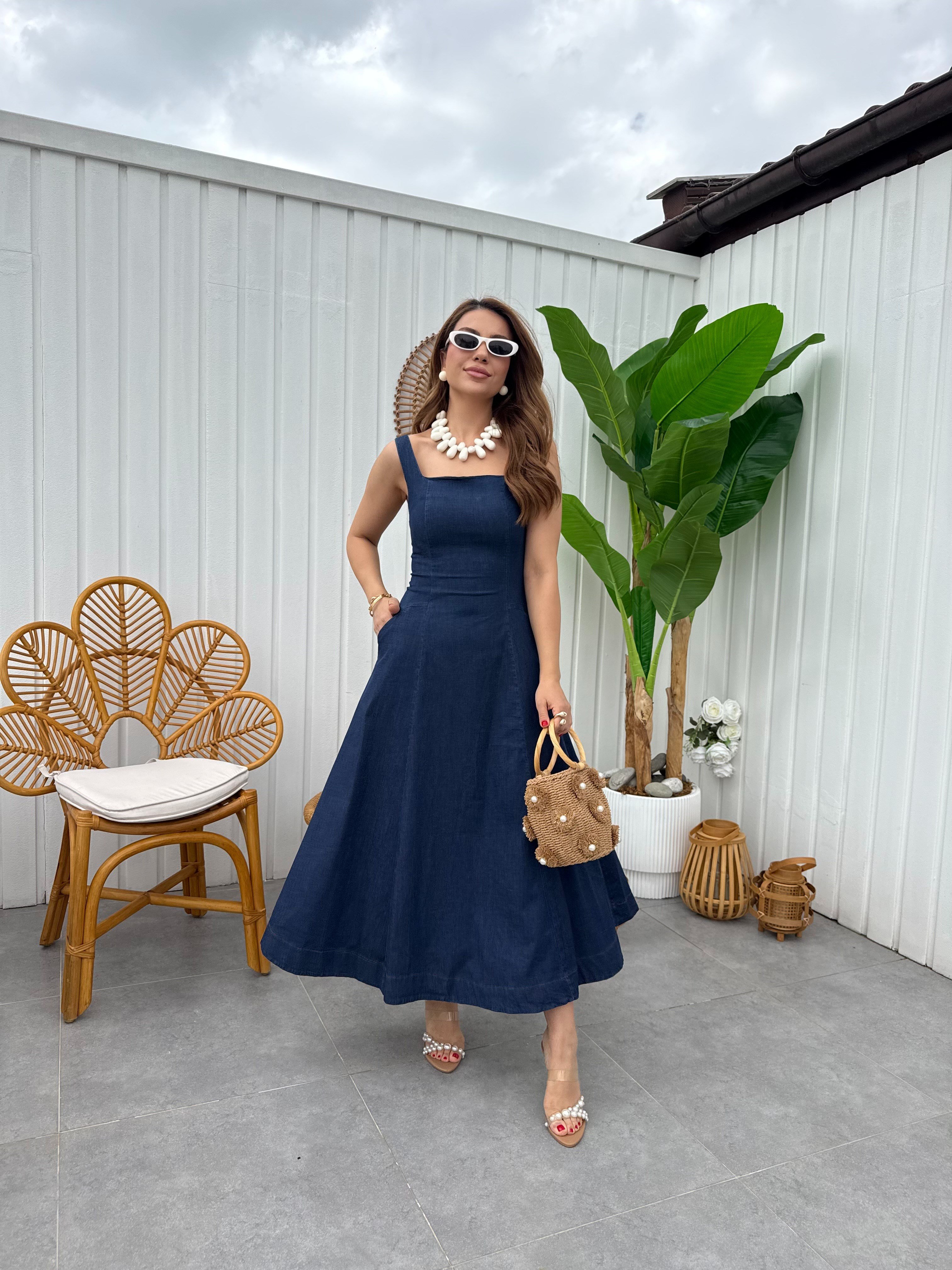 11883 Askılı Denim Elbise