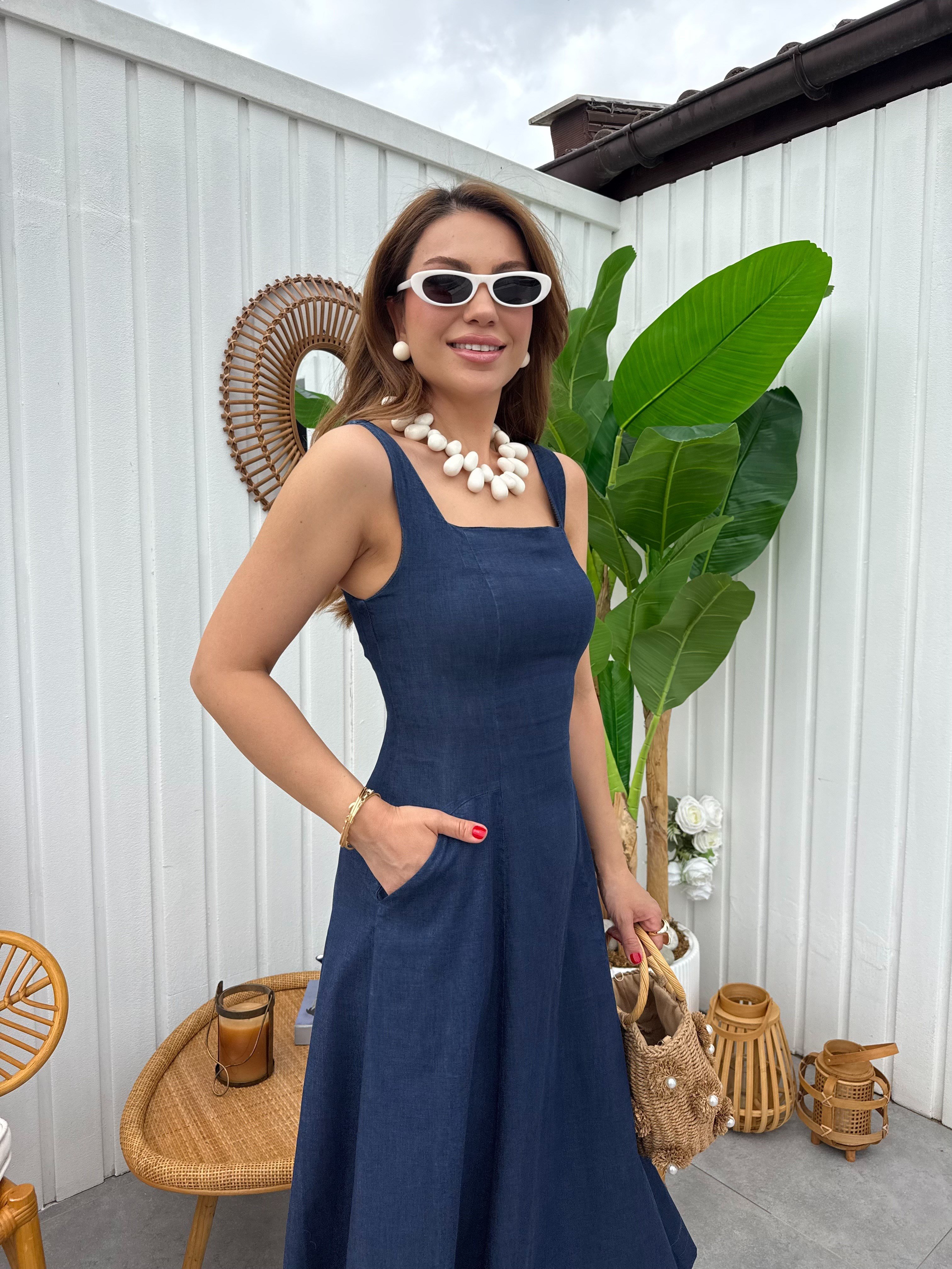 11883 Askılı Denim Elbise