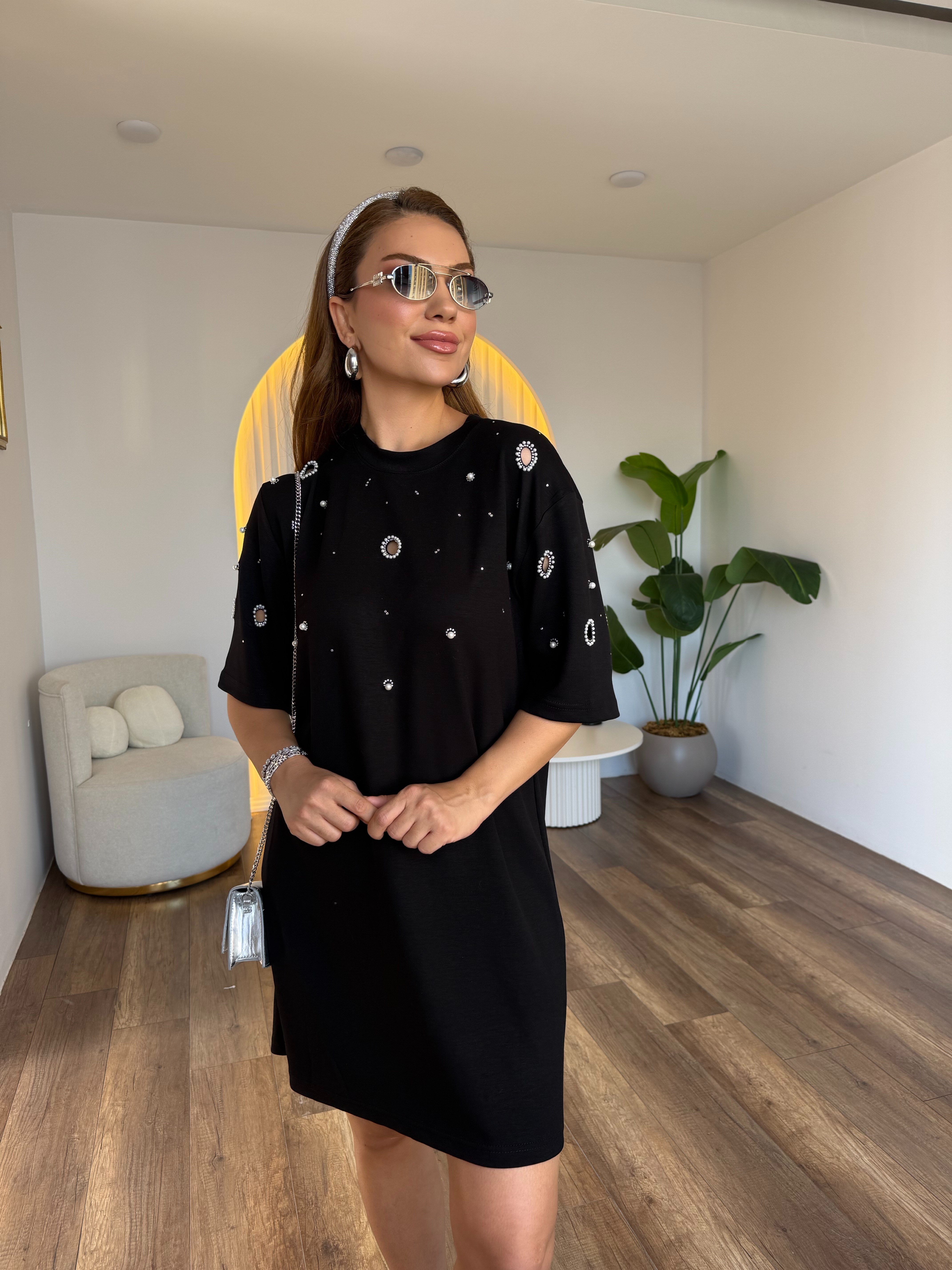 11909 Kuş Gözü Detaylı İncili Elbise