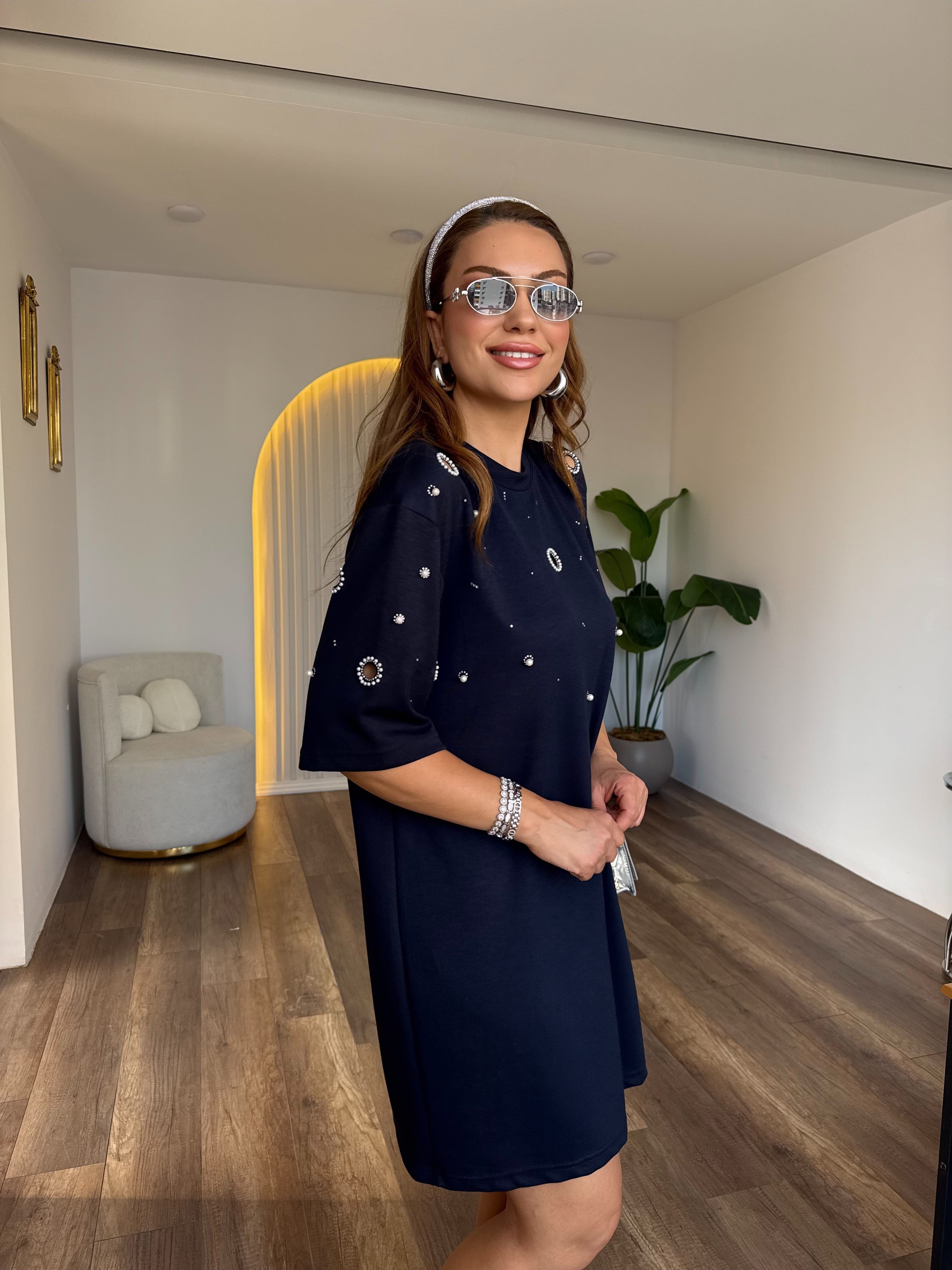 11909 Kuş Gözü Detaylı İncili Elbise
