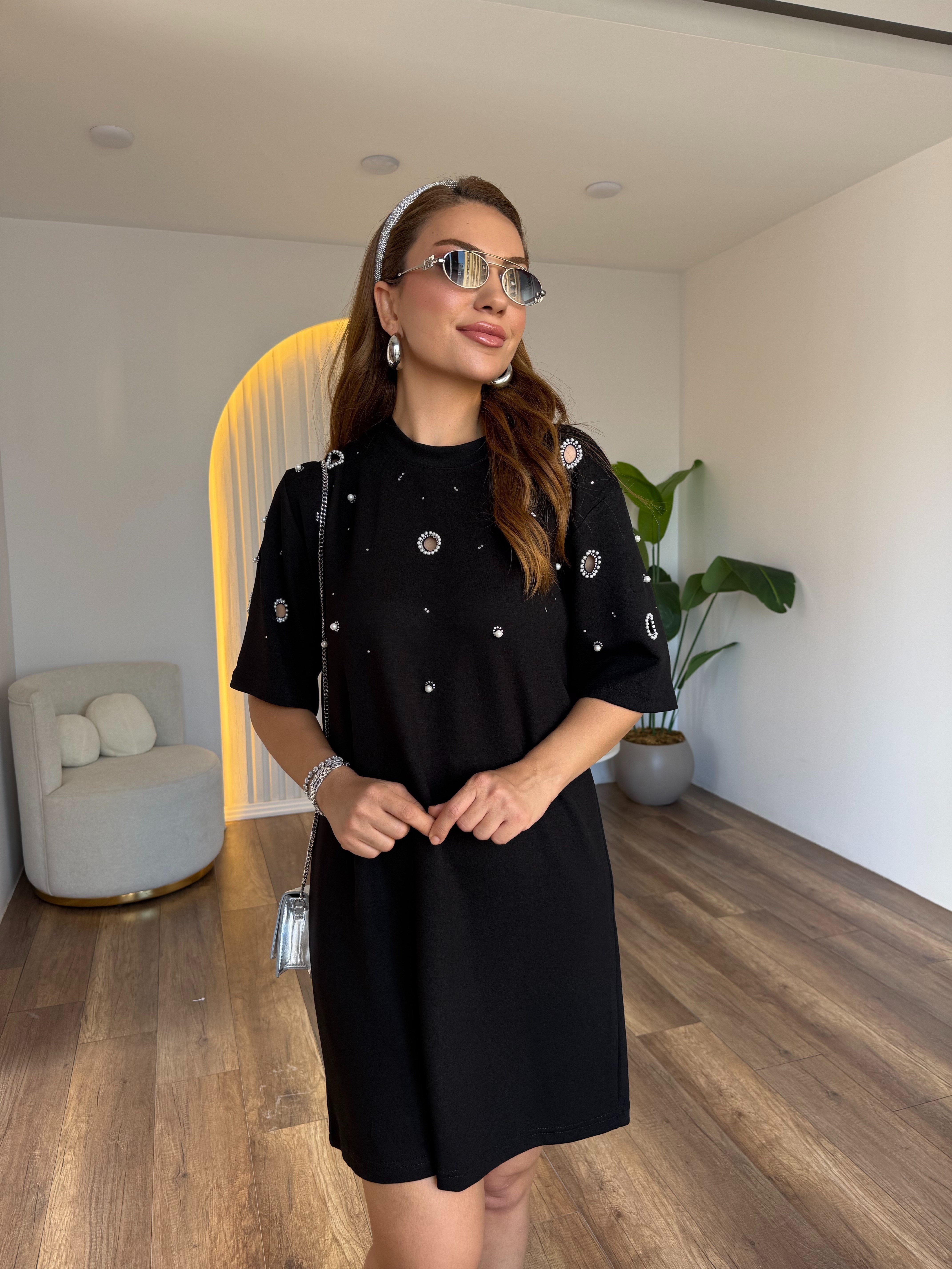 11909 Kuş Gözü Detaylı İncili Elbise