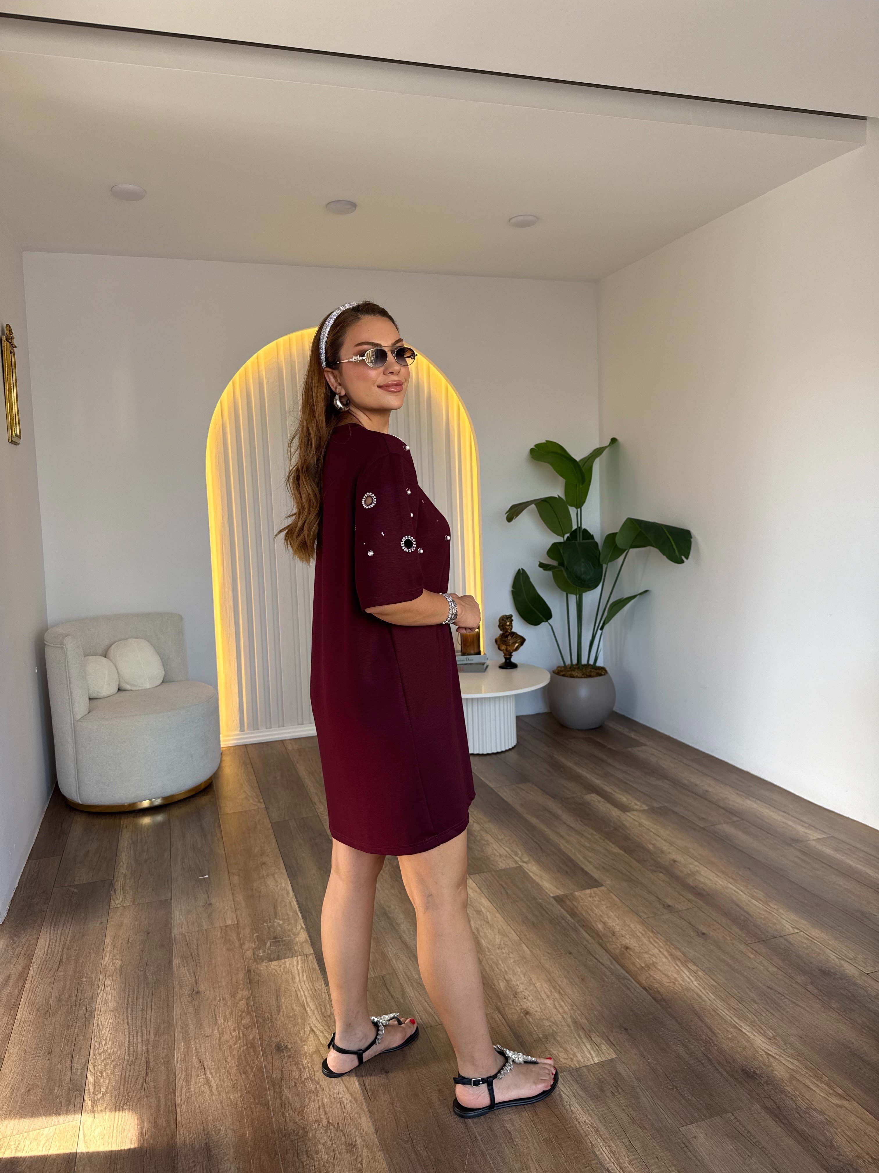 11909 Kuş Gözü Detaylı İncili Elbise
