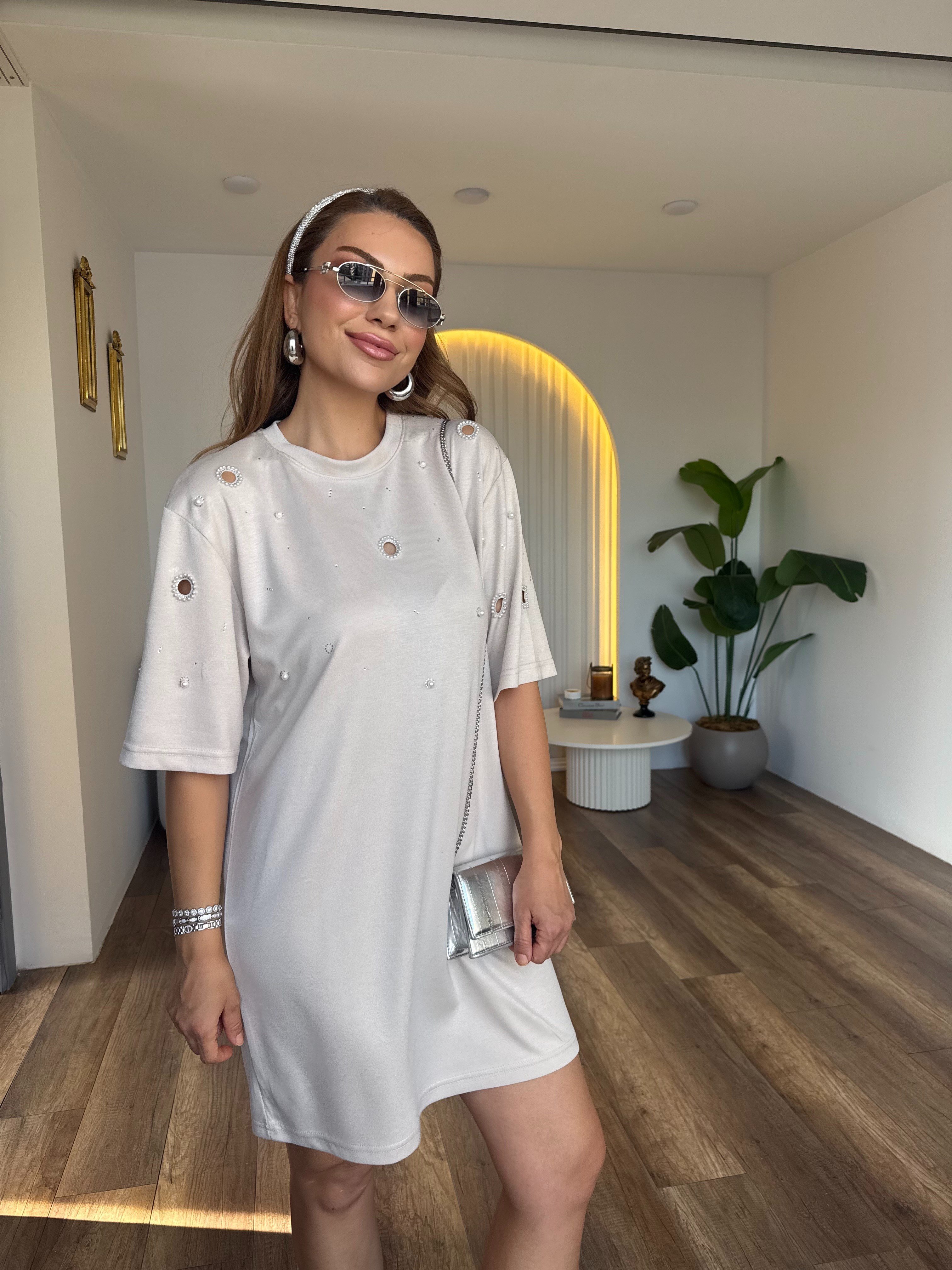 11909 Kuş Gözü Detaylı İncili Elbise
