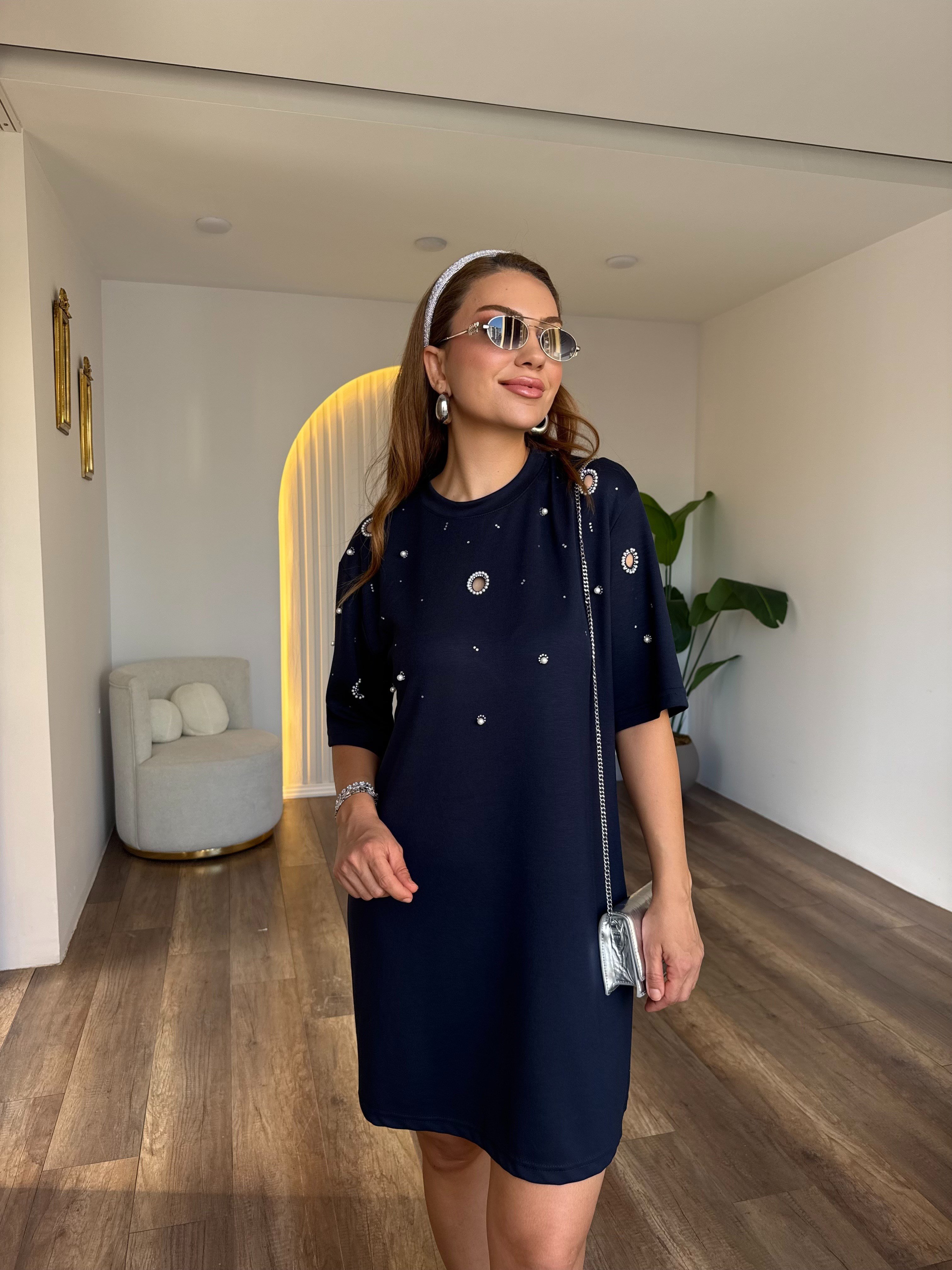 11909 Kuş Gözü Detaylı İncili Elbise