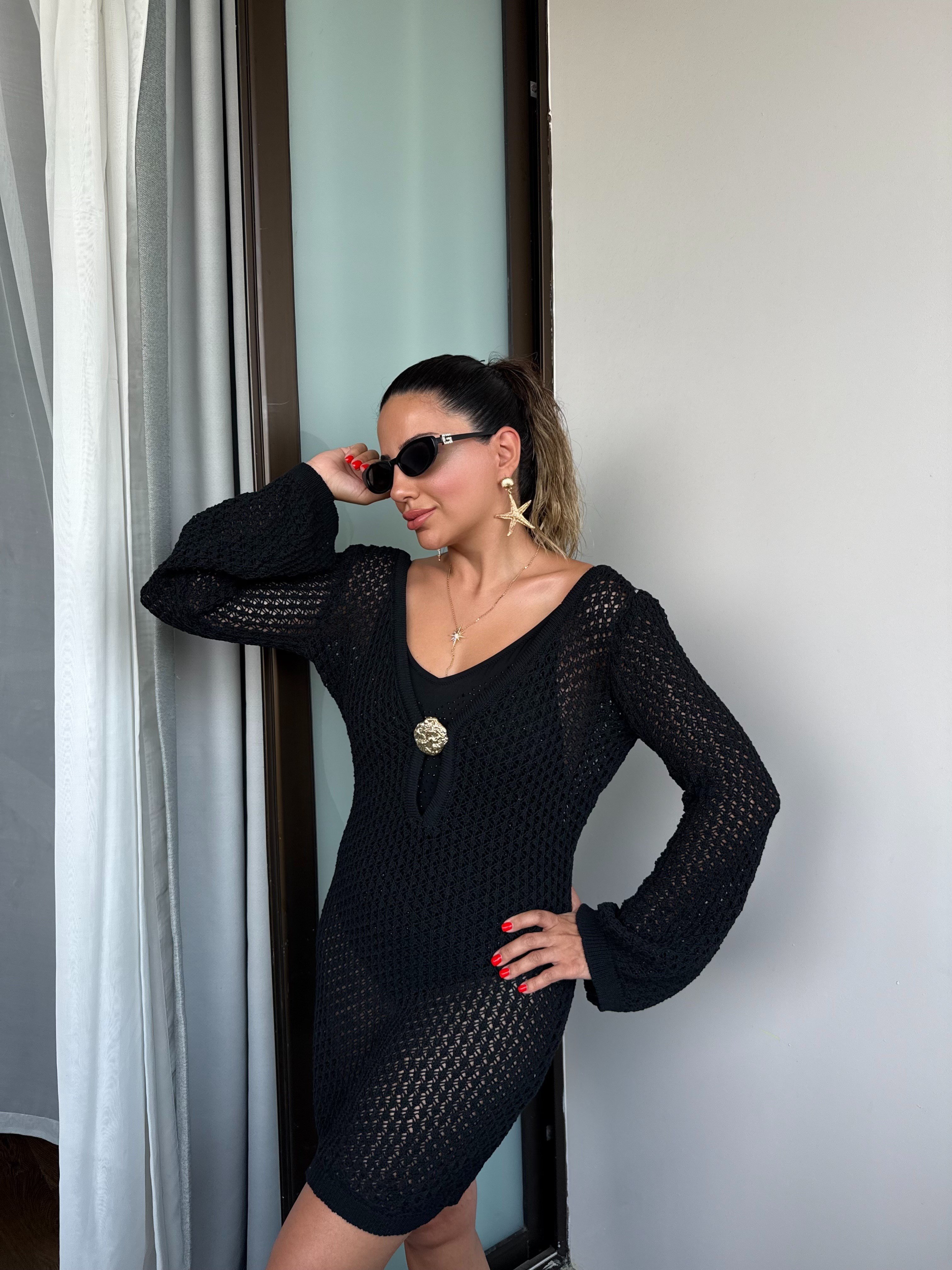 12026 Önü Gold Detaylı Örgü Elbise