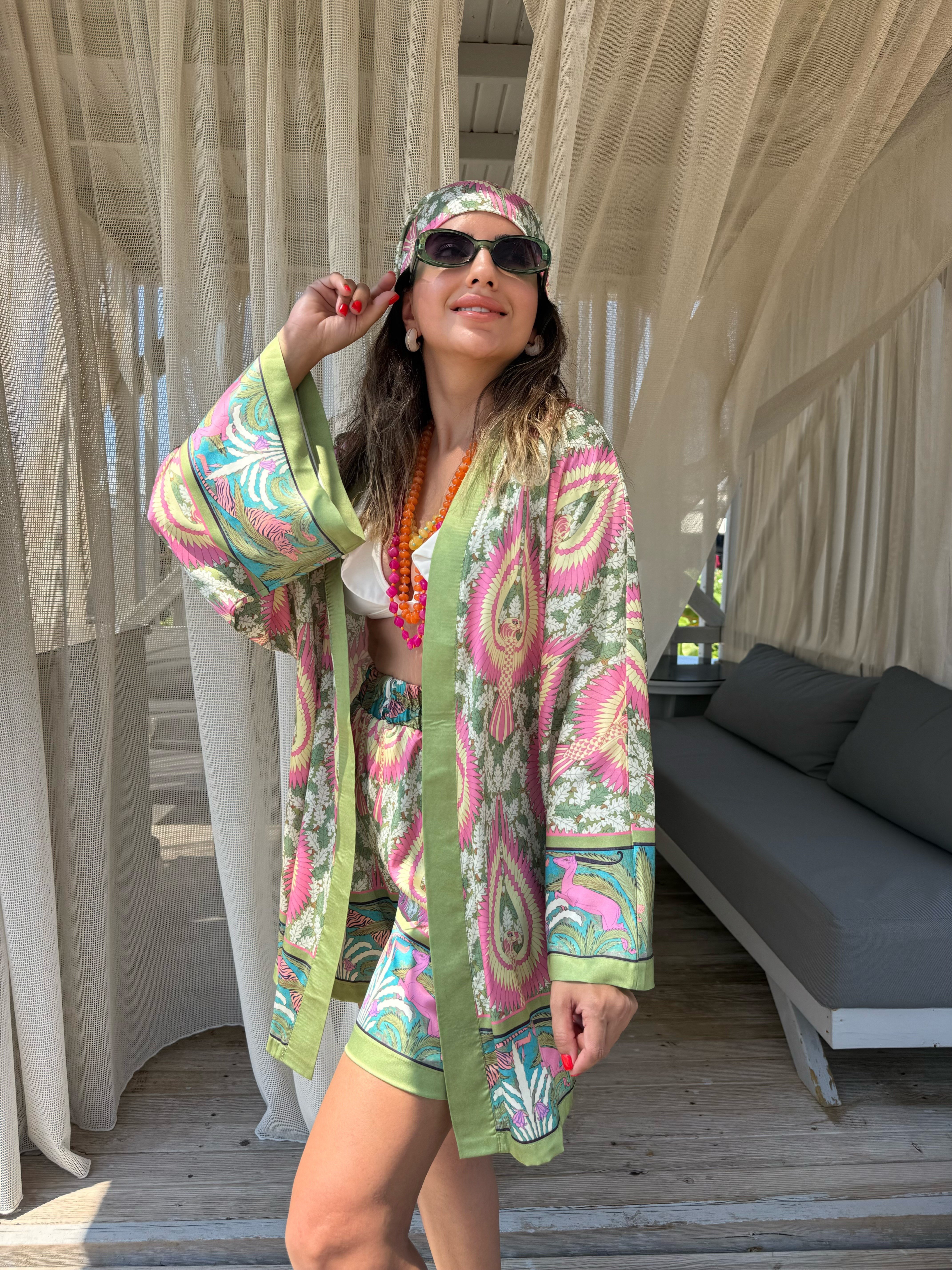 12045 Desenli Şort Kimono Takım
