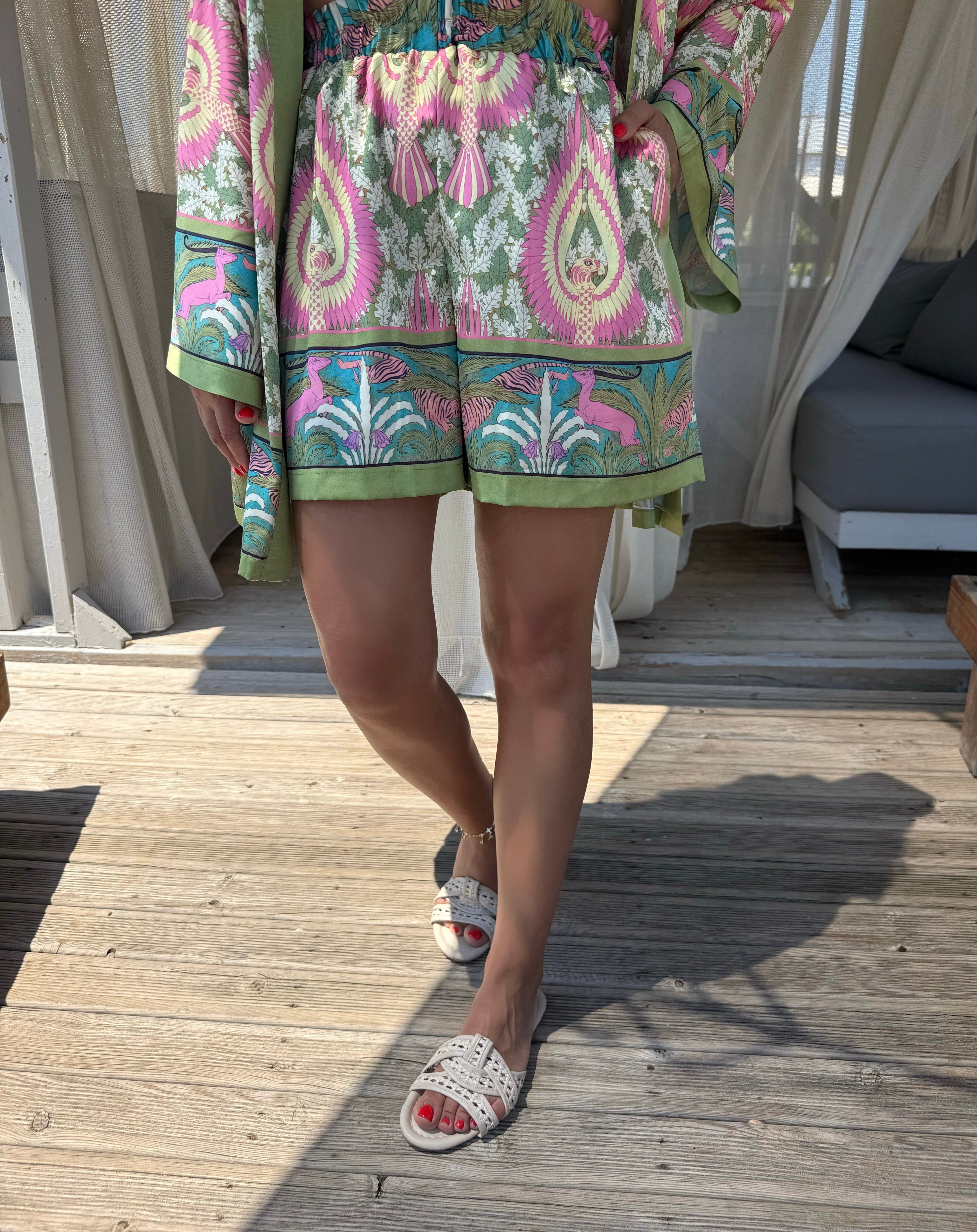 12045 Desenli Şort Kimono Takım