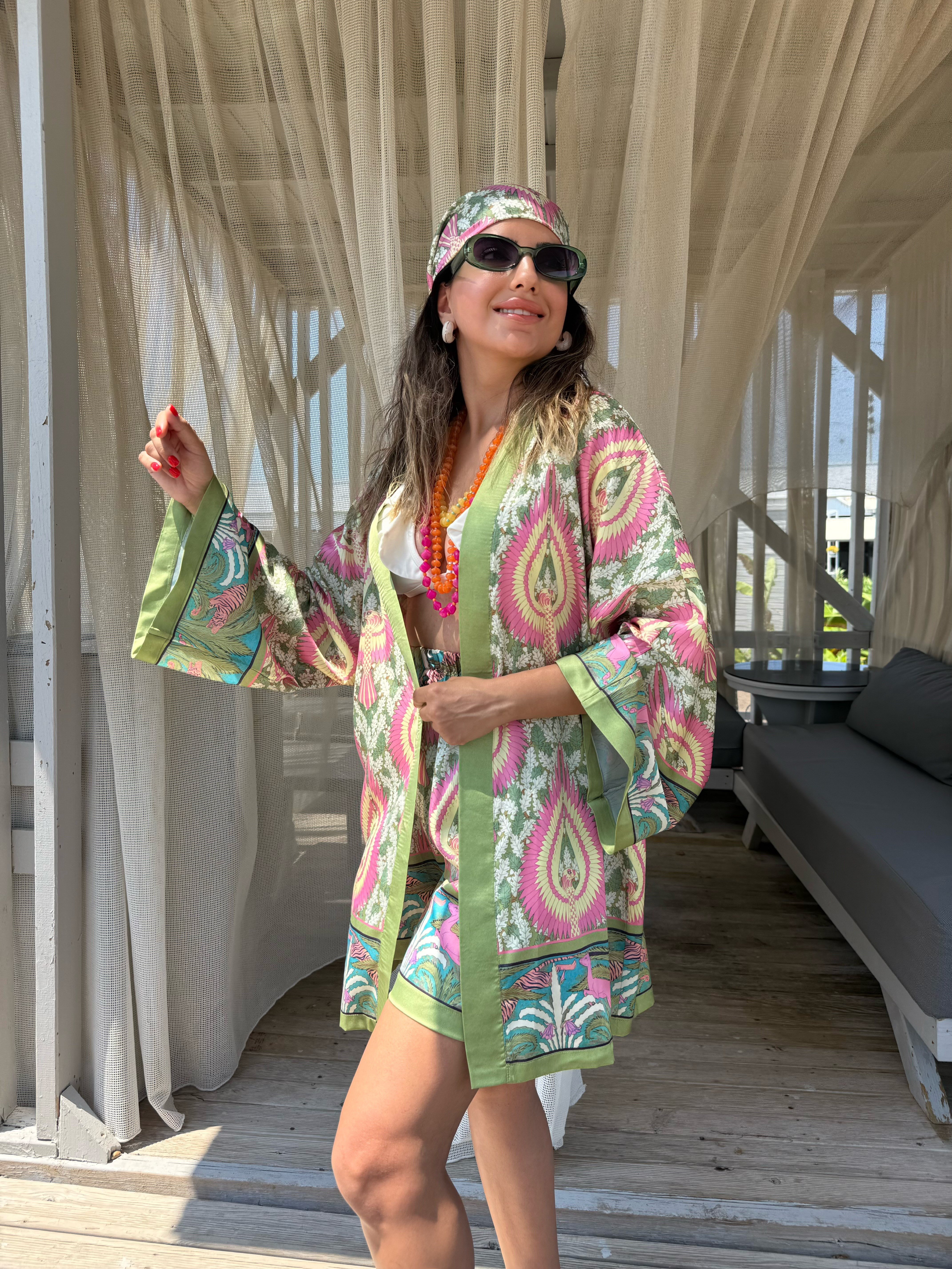12045 Desenli Şort Kimono Takım