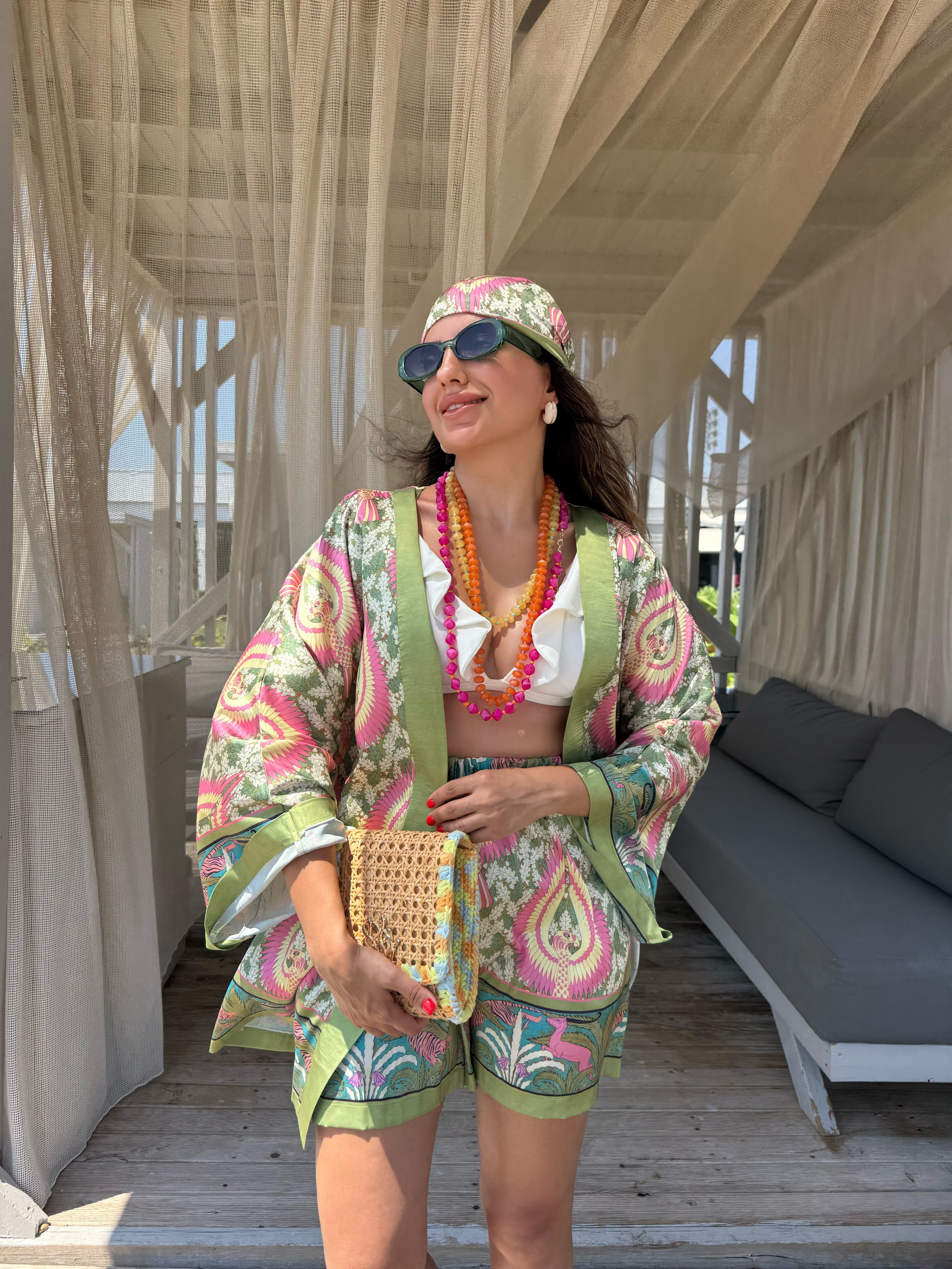 12045 Desenli Şort Kimono Takım