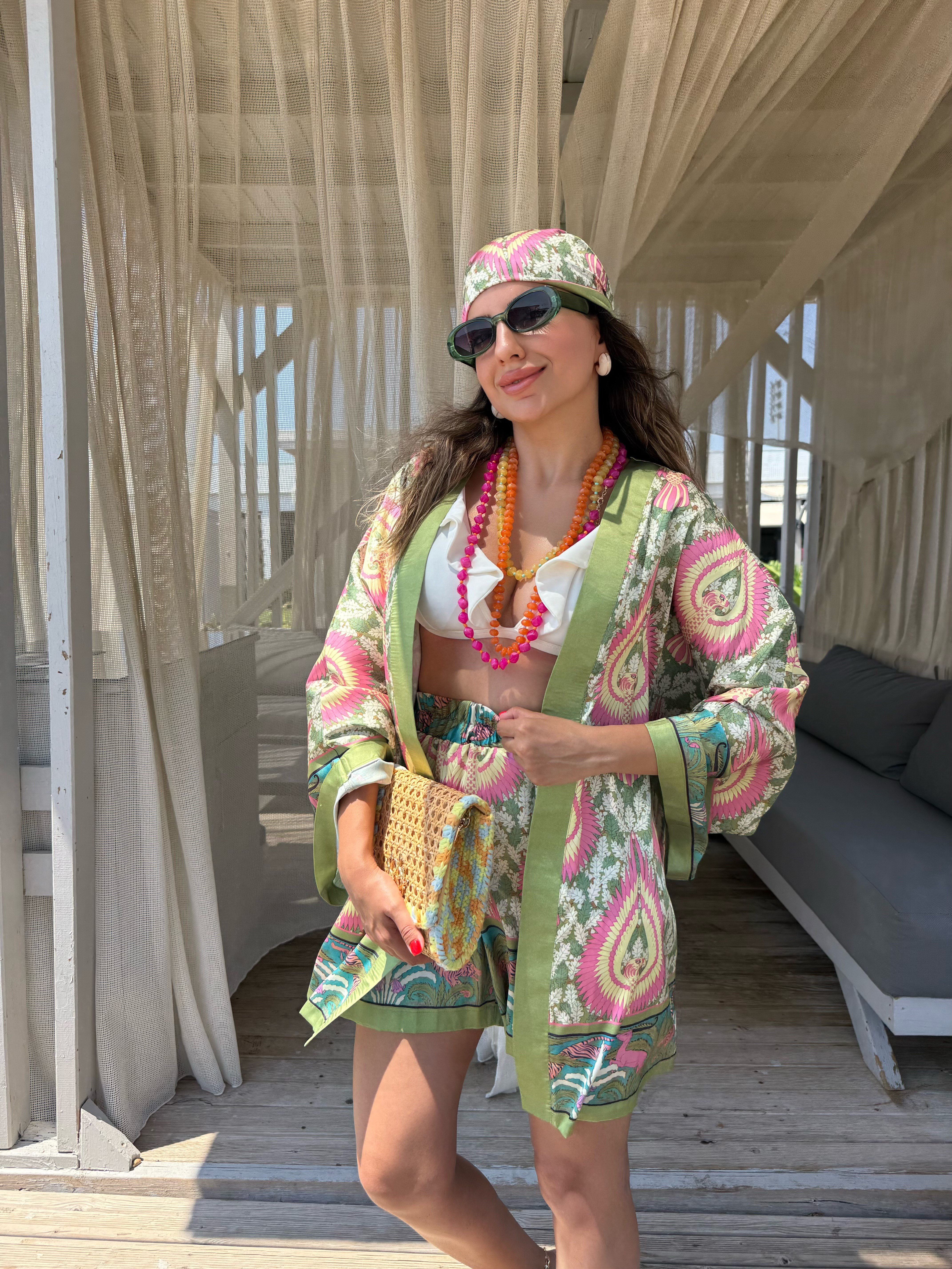 12045 Desenli Şort Kimono Takım