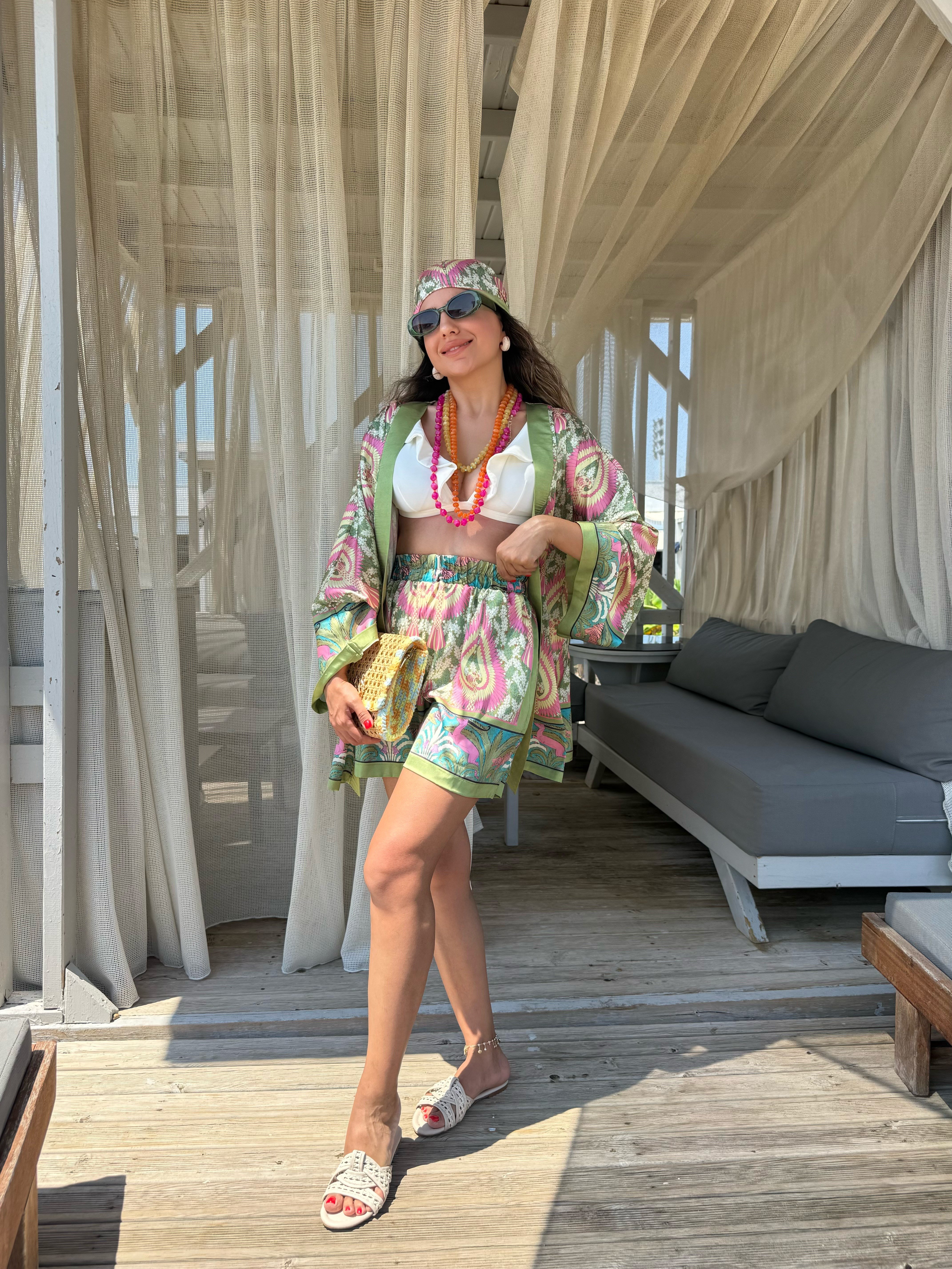 12045 Desenli Şort Kimono Takım