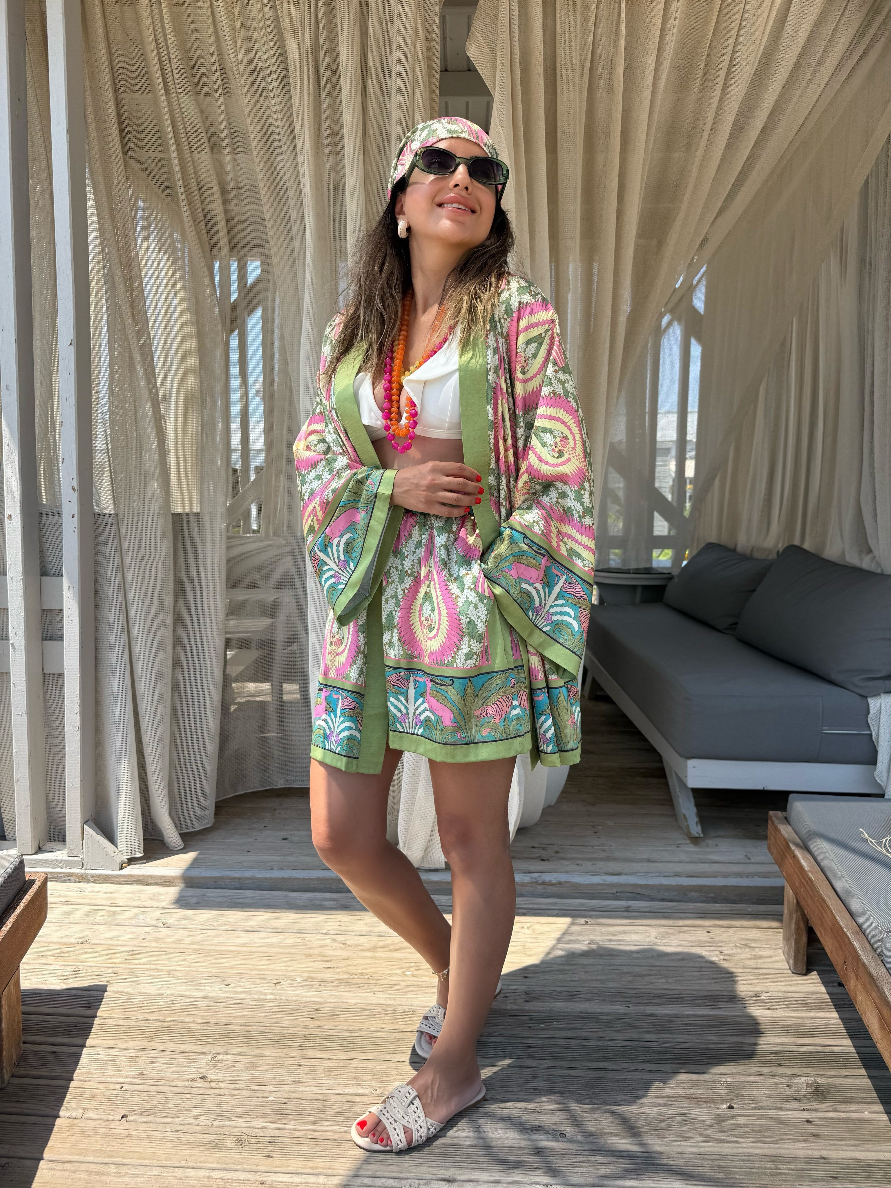 12045 Desenli Şort Kimono Takım