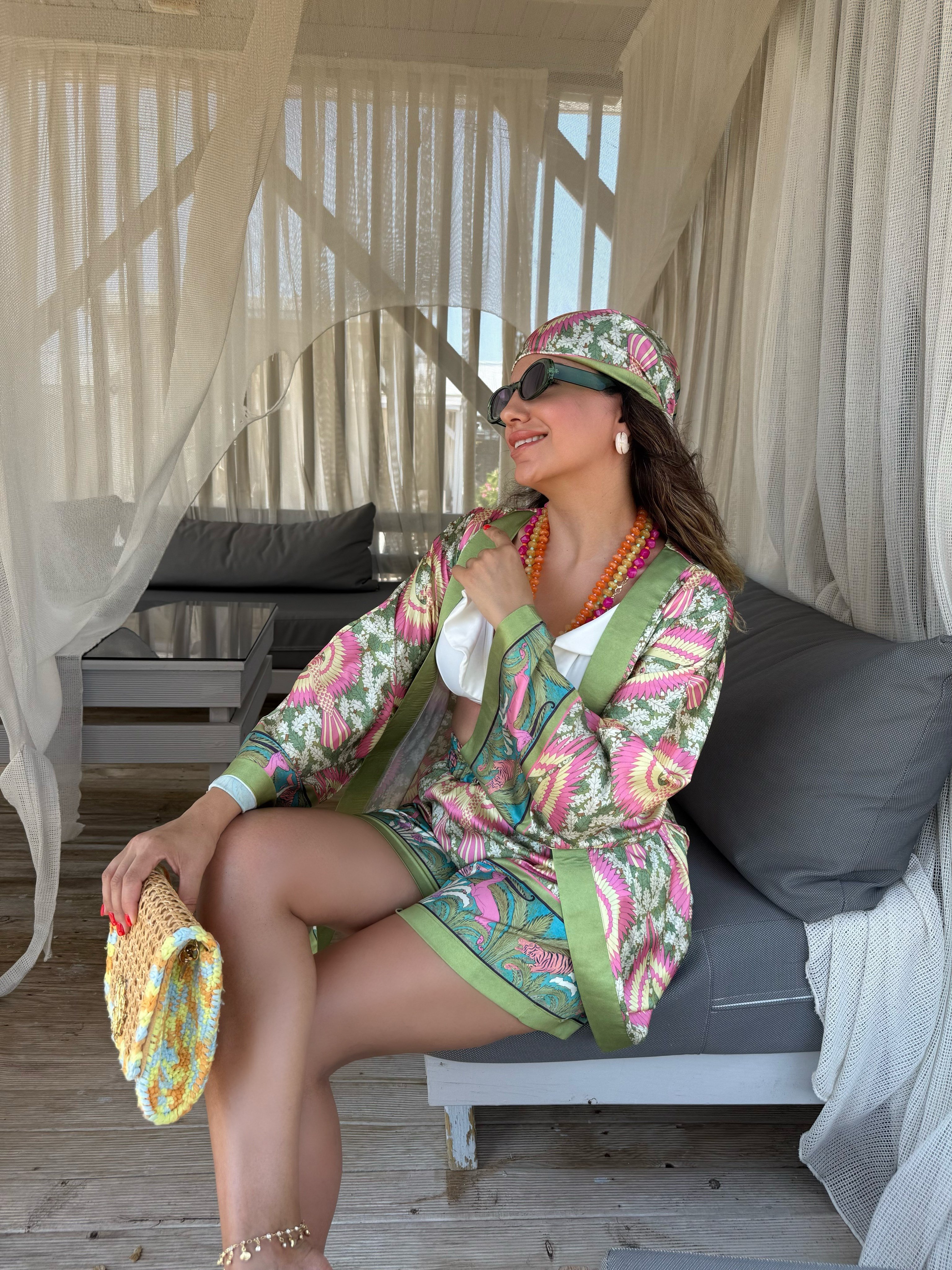 12045 Desenli Şort Kimono Takım