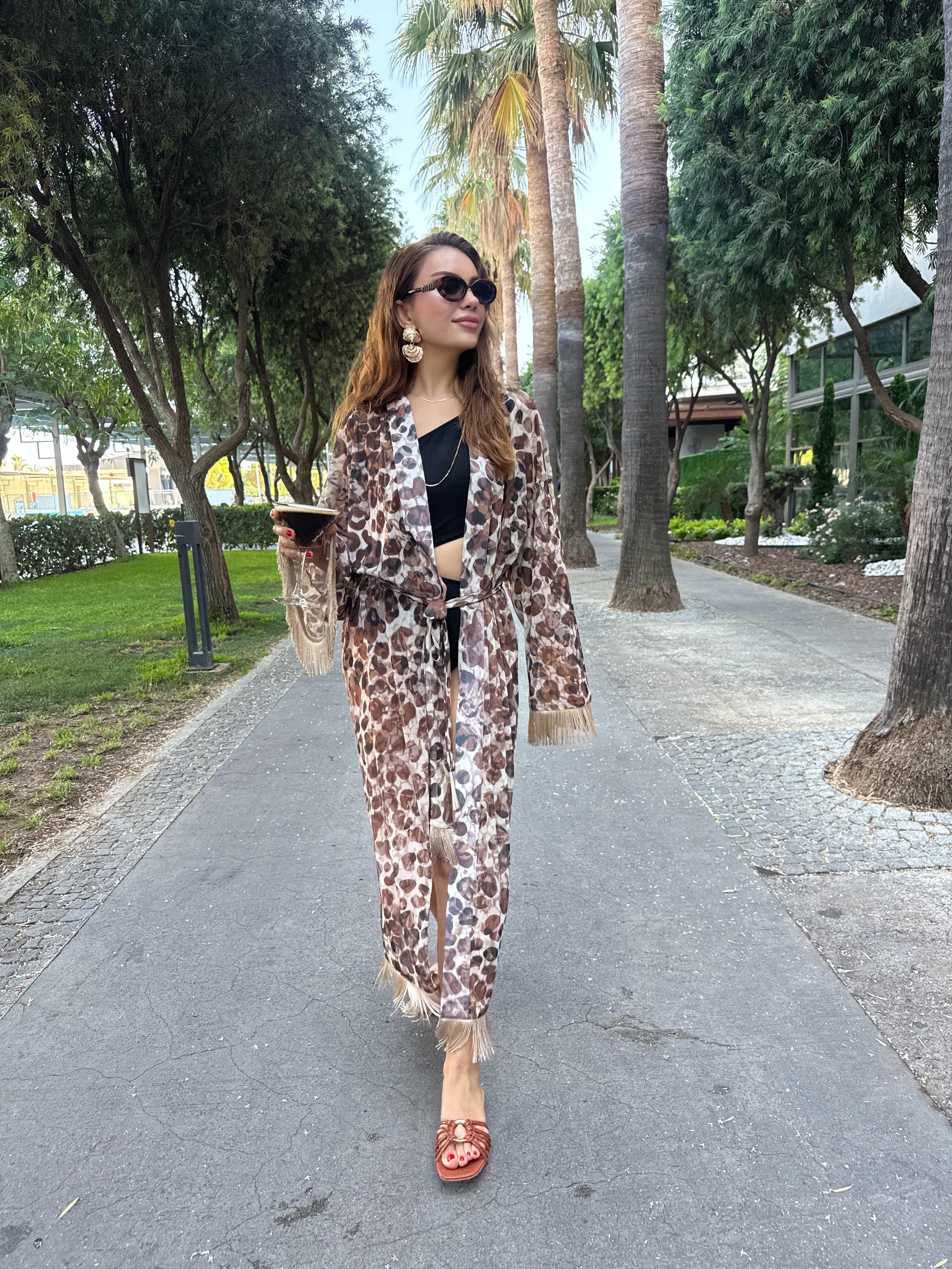 12047 Püskül Detaylı Kuşaklı Kimono