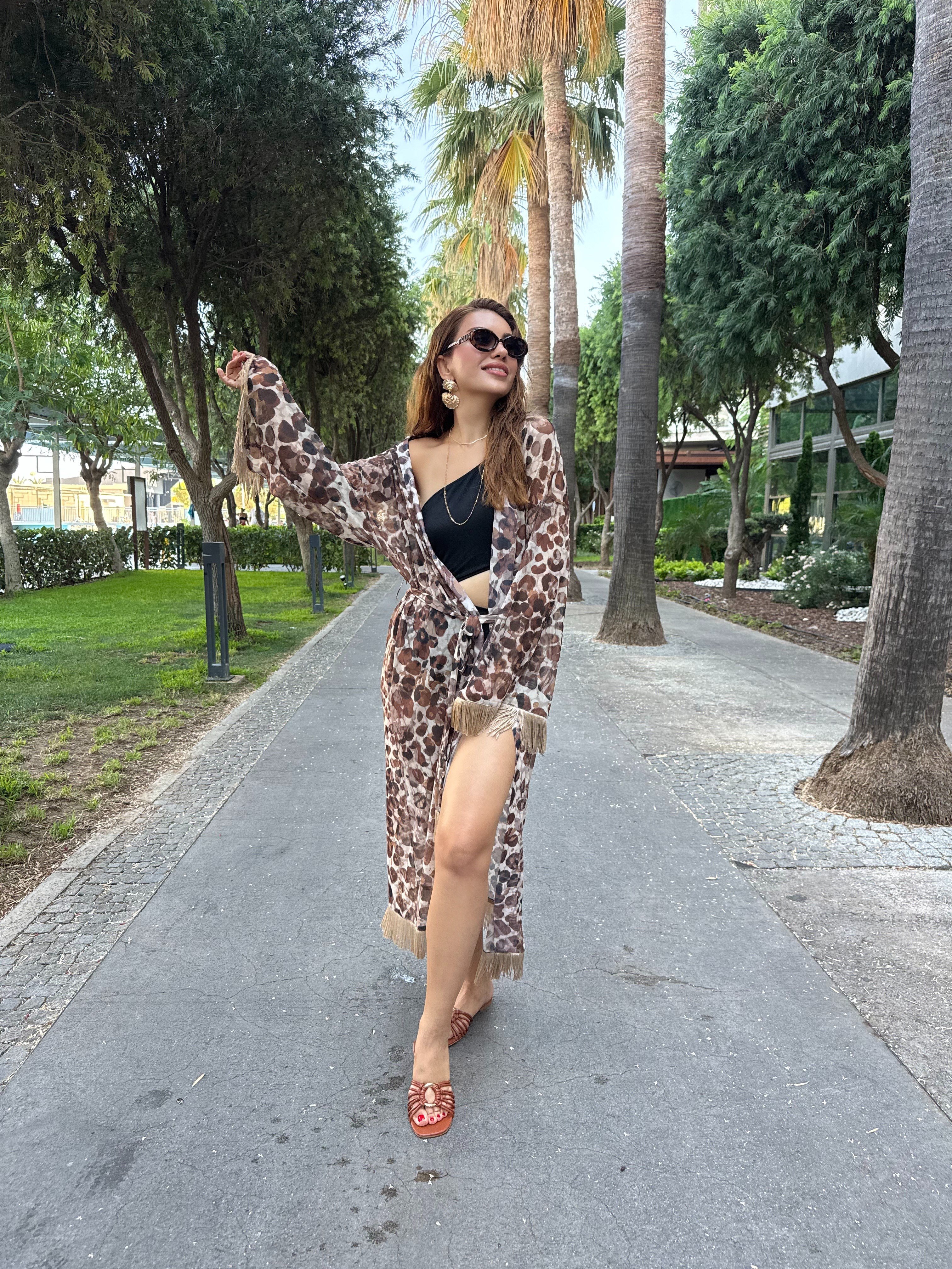 12047 Püskül Detaylı Kuşaklı Kimono