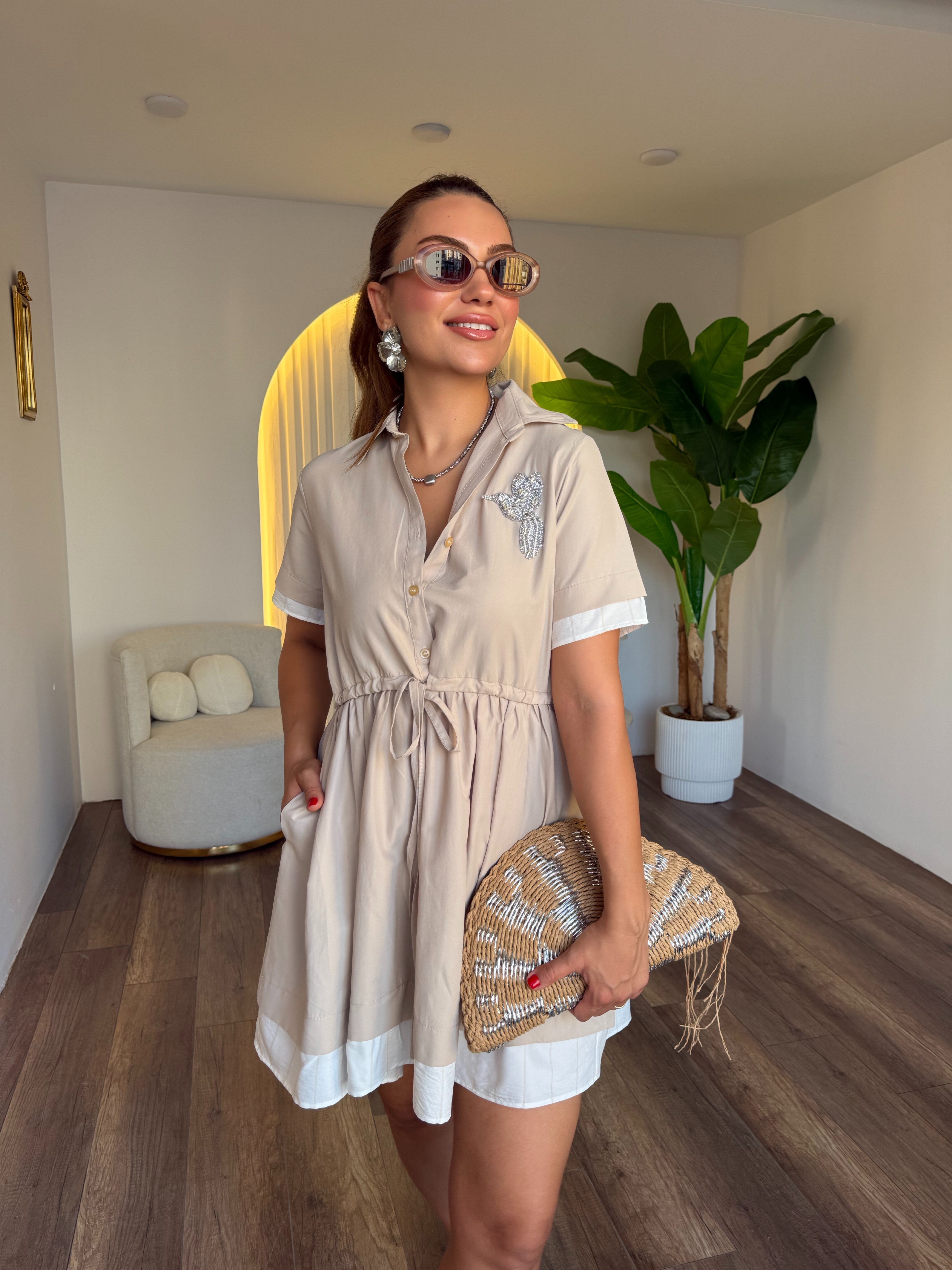 12060 Kuş İşleme Detaylı Elbise
