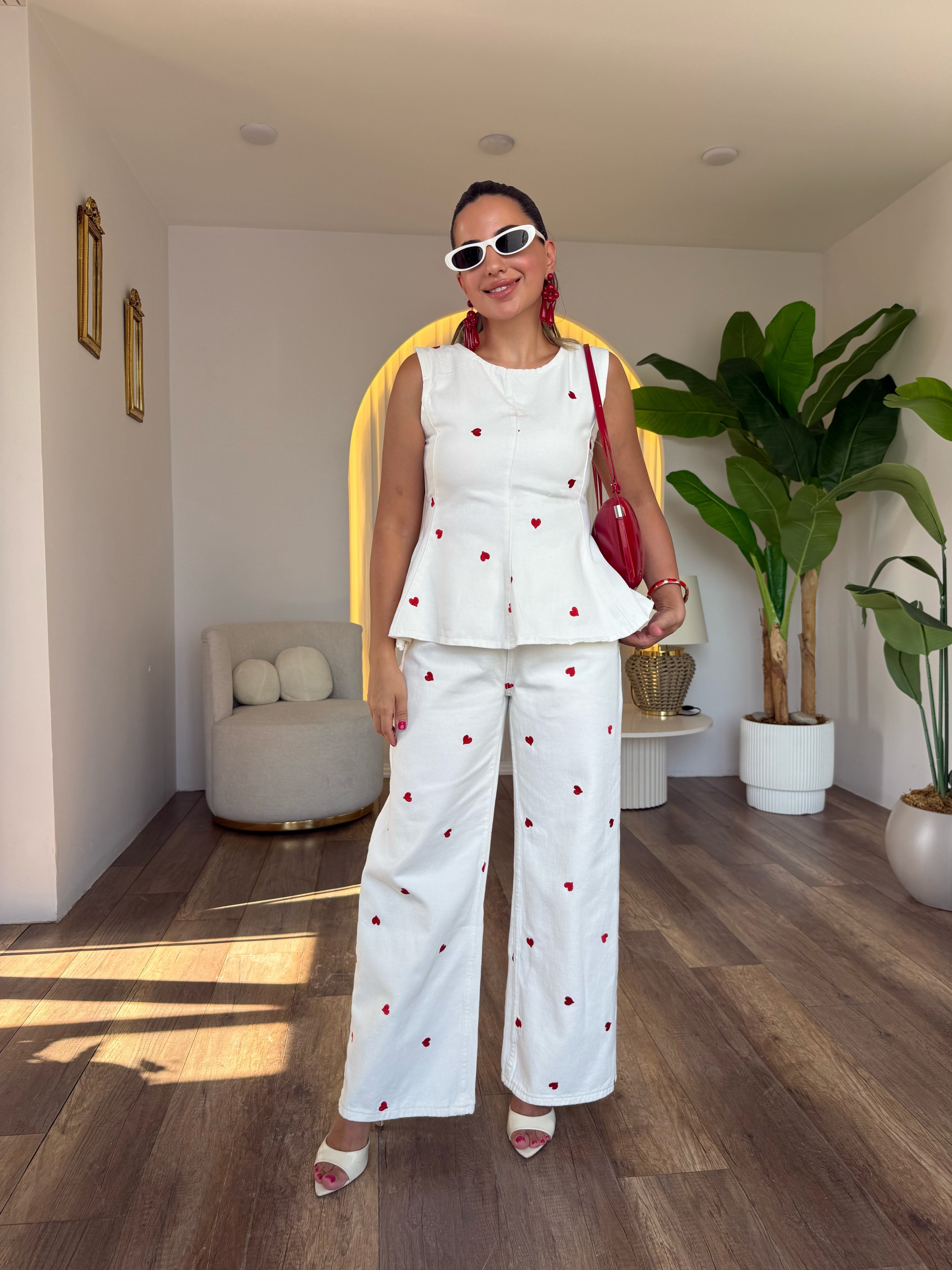 12134 Kalp Nakışlı Bluz Pantolon Takım