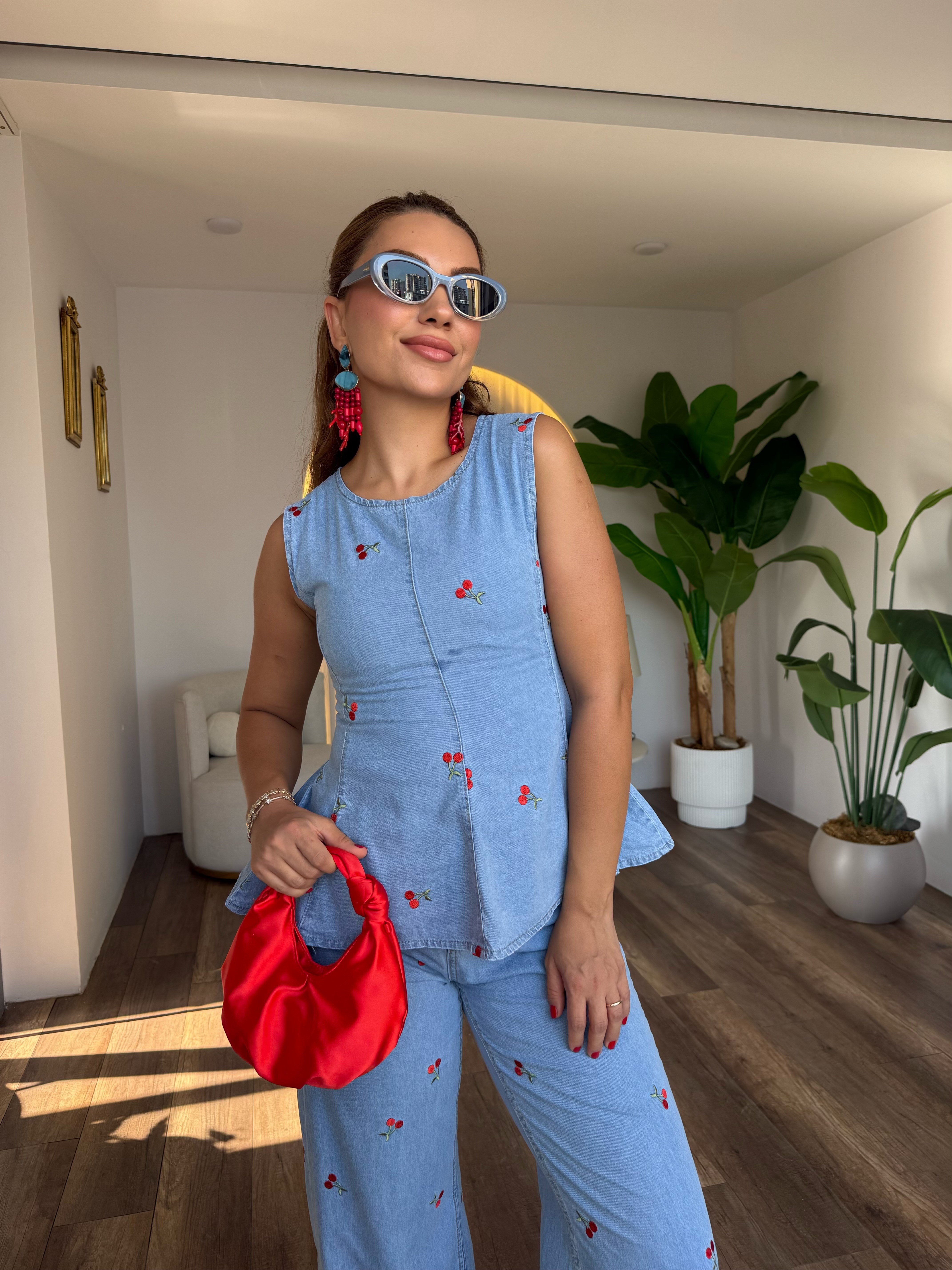 12134 Kalp Nakışlı Bluz Pantolon Takım
