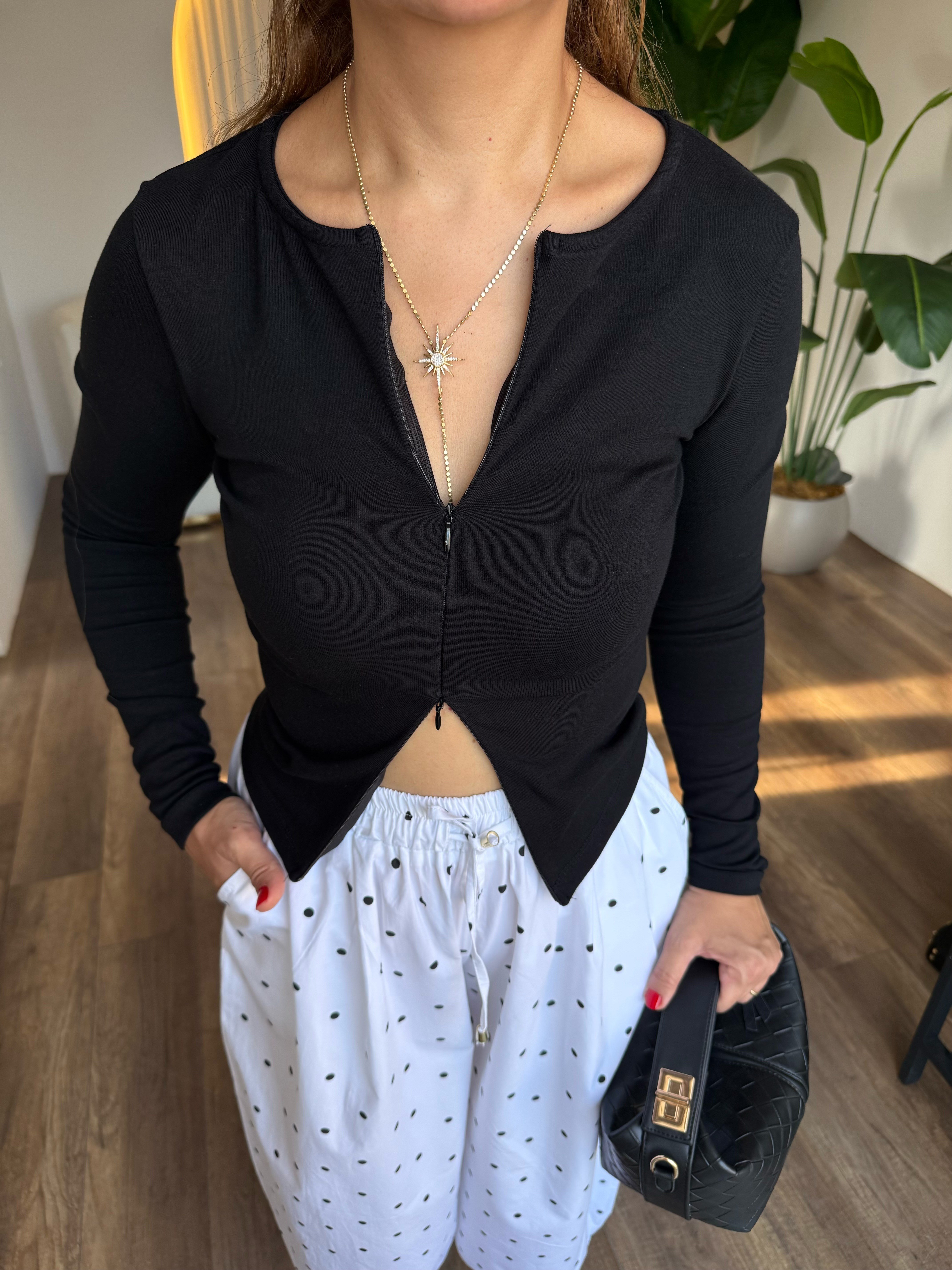 12136 Çift Fermuarlı Uzun Kollu Bluz