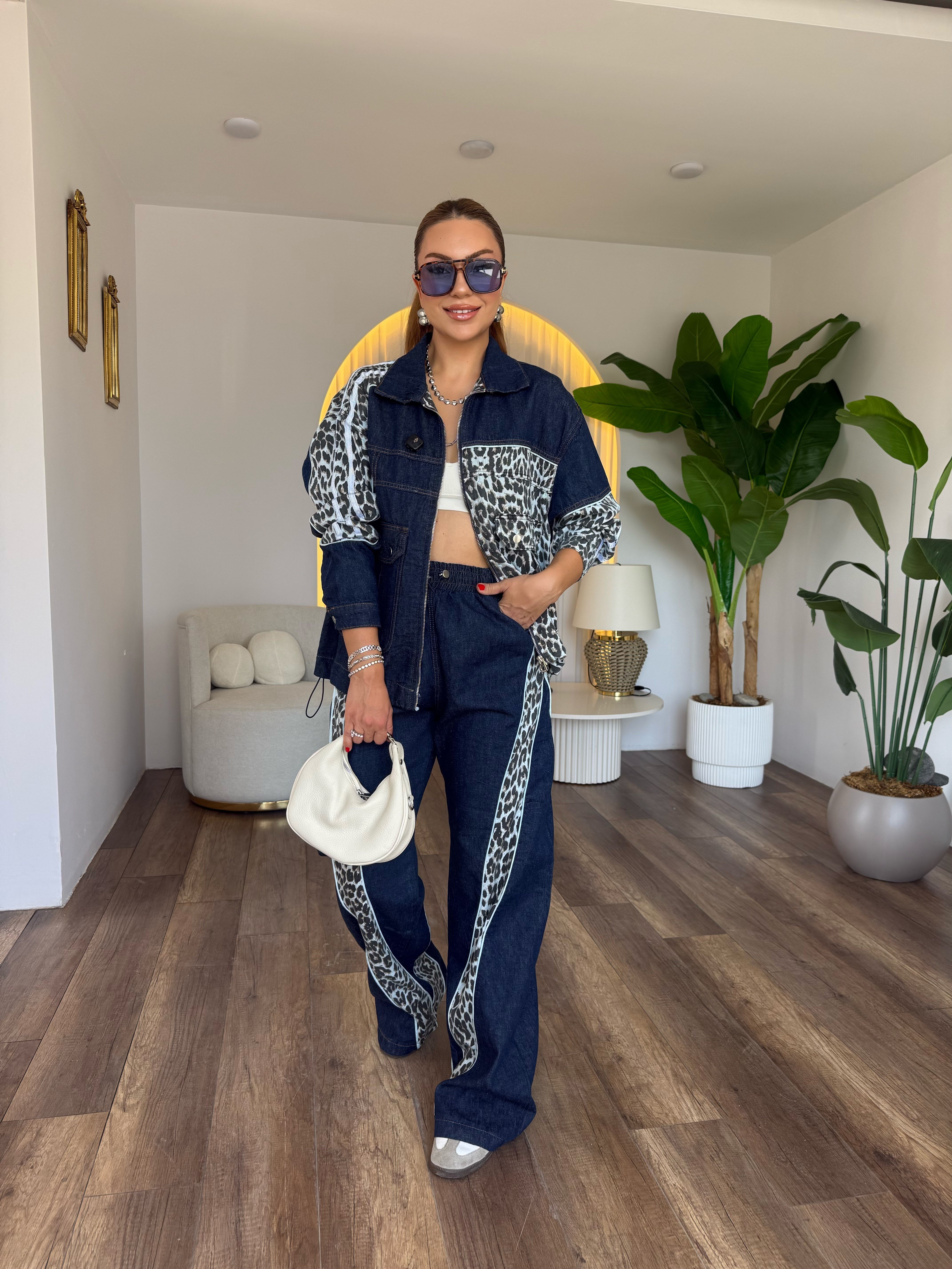 12146 Leopar Detaylı Denim Takım