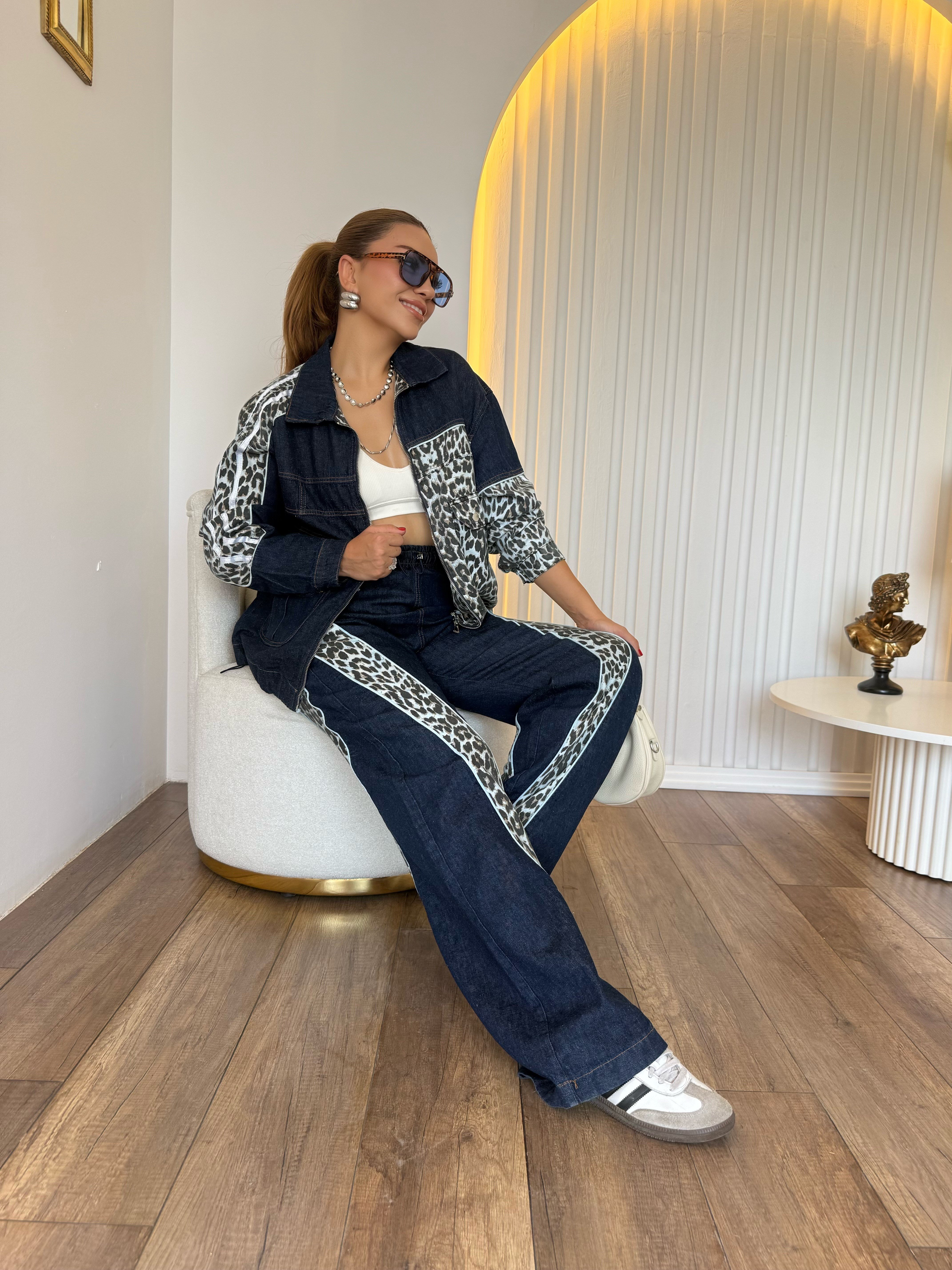 12146 Leopar Detaylı Denim Takım