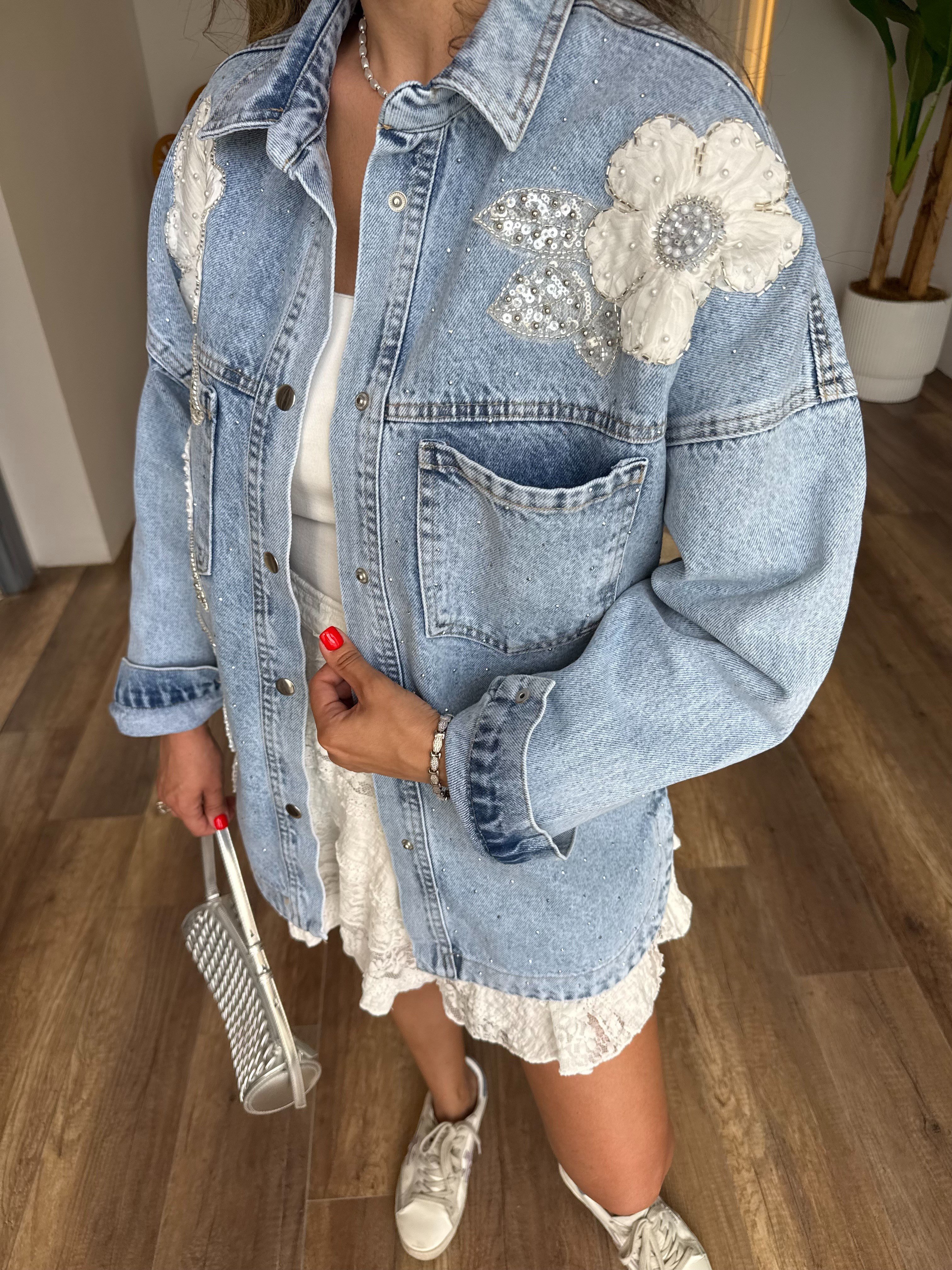 12154 İri Çiçek İşlemeli Kot Ceket