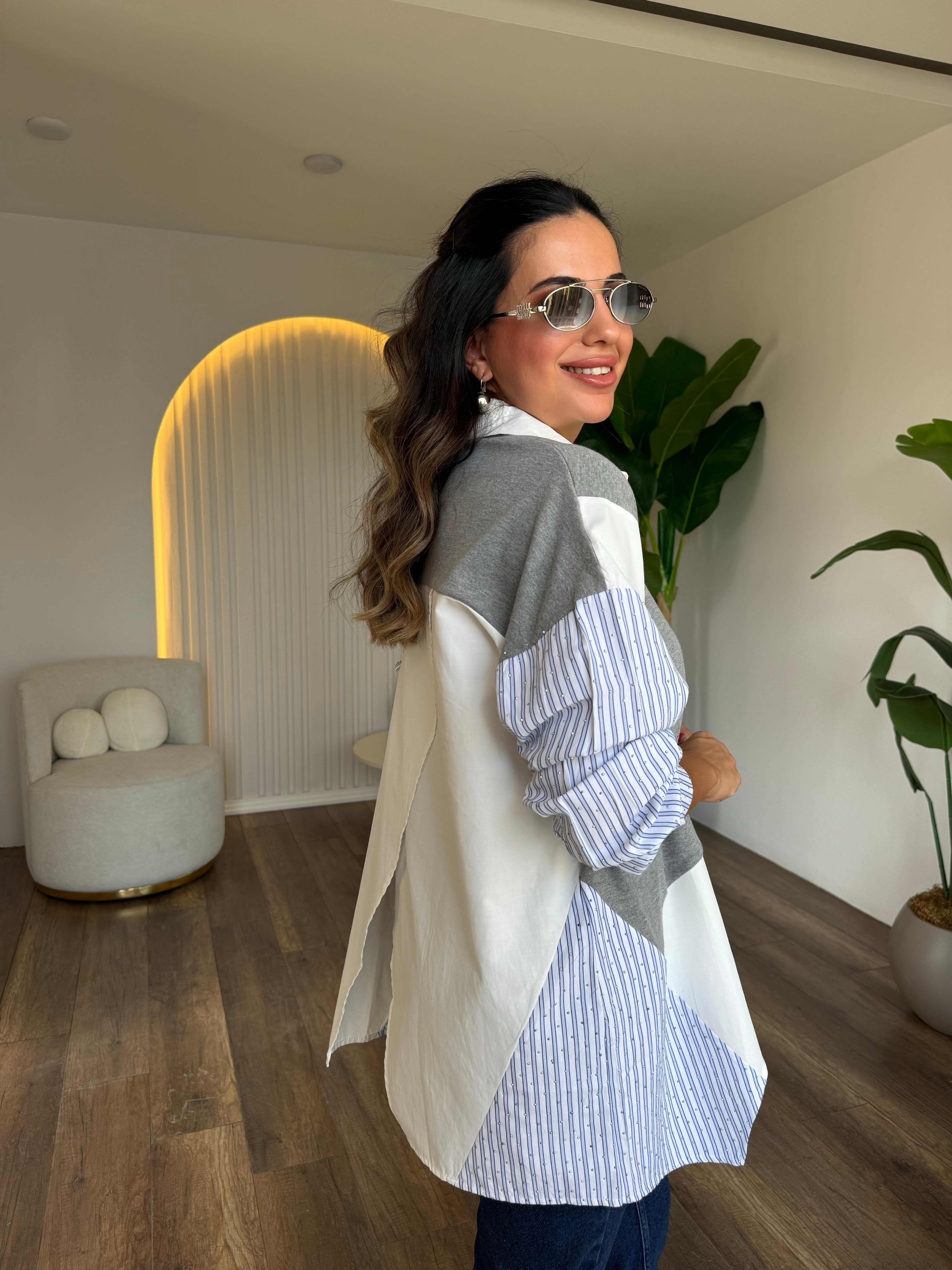 12166 Taşlı Parçalı Gömlek