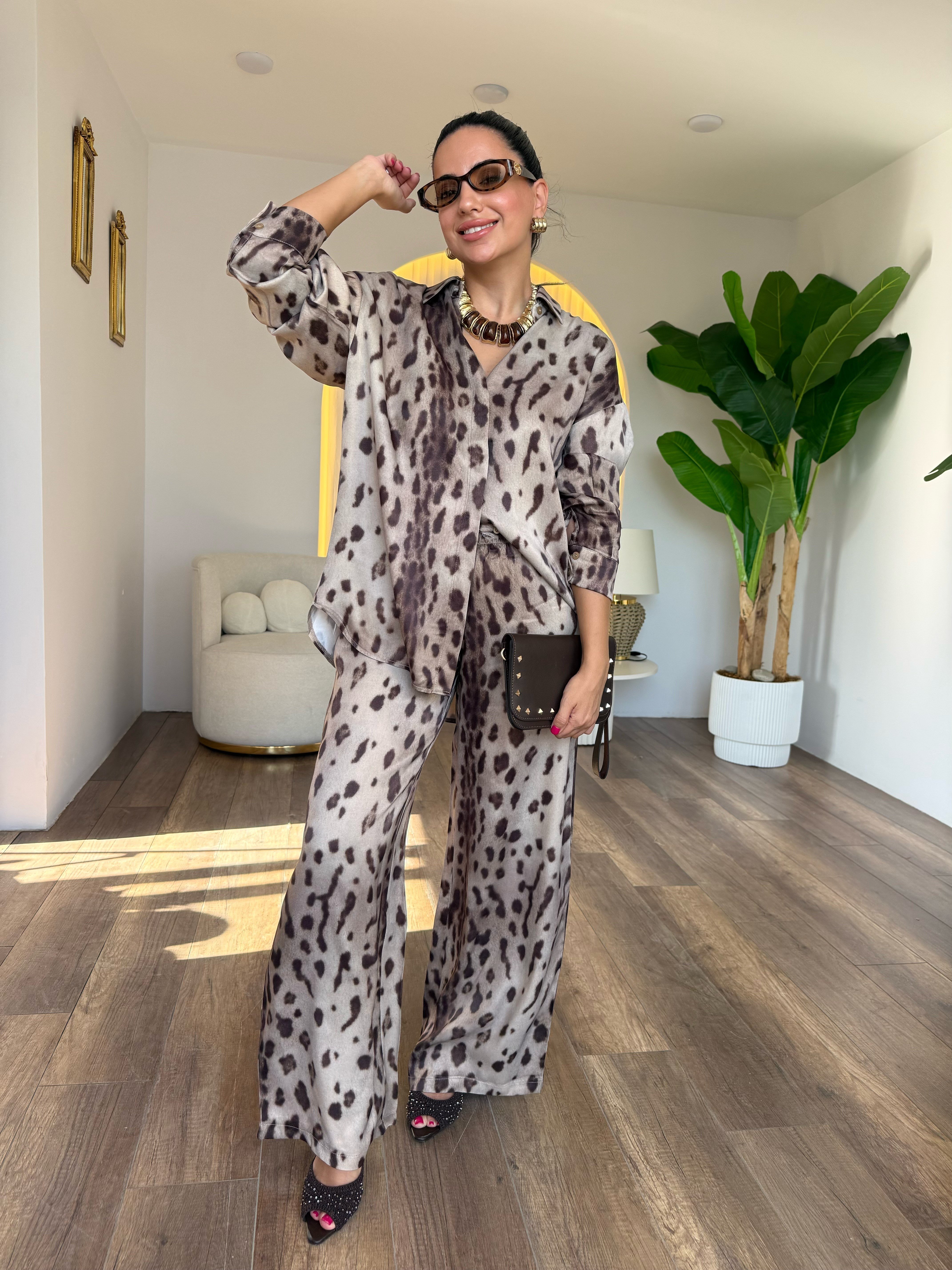 12185 Leopar Desenli Saten Takım