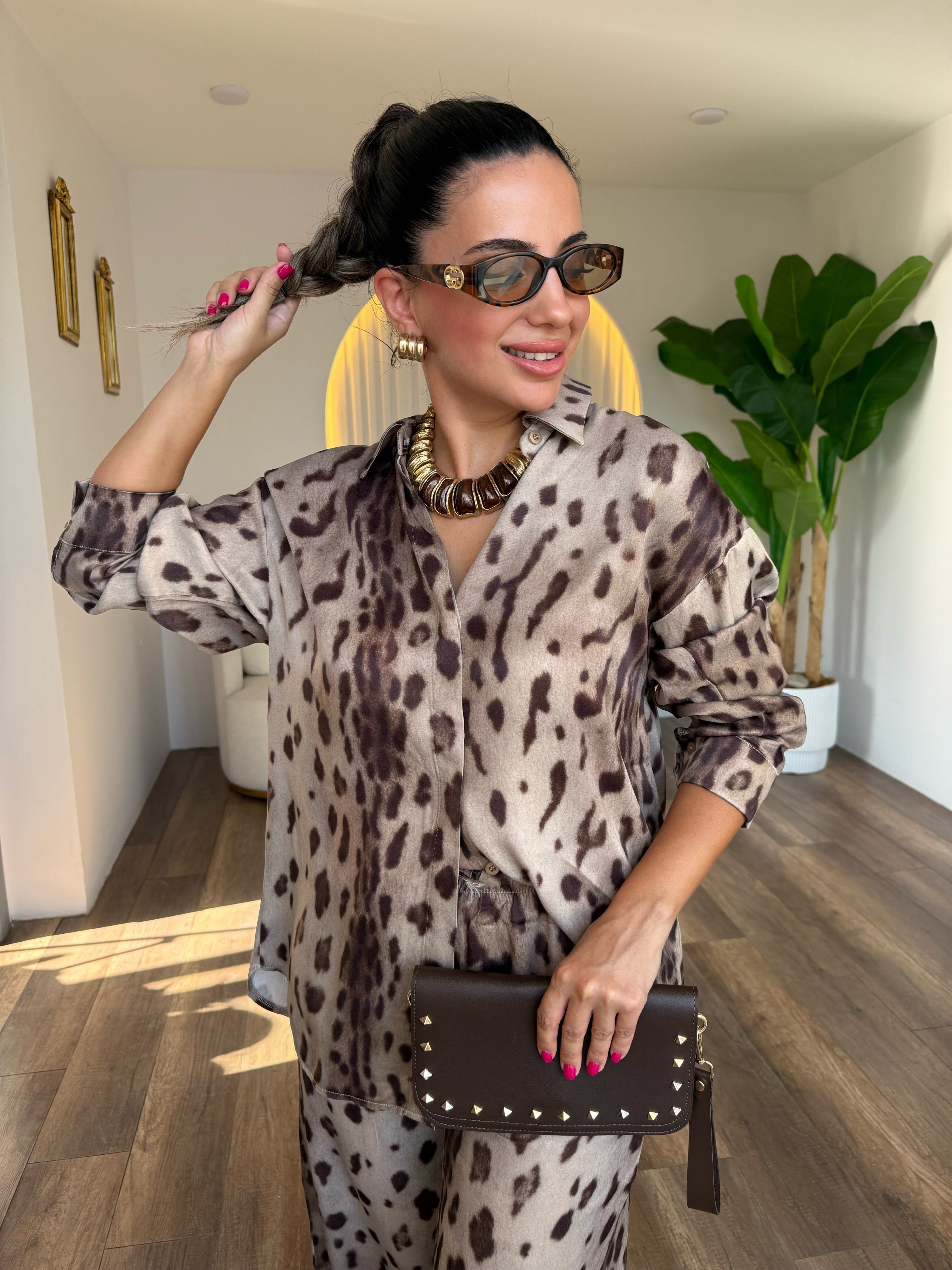 12185 Leopar Desenli Saten Takım