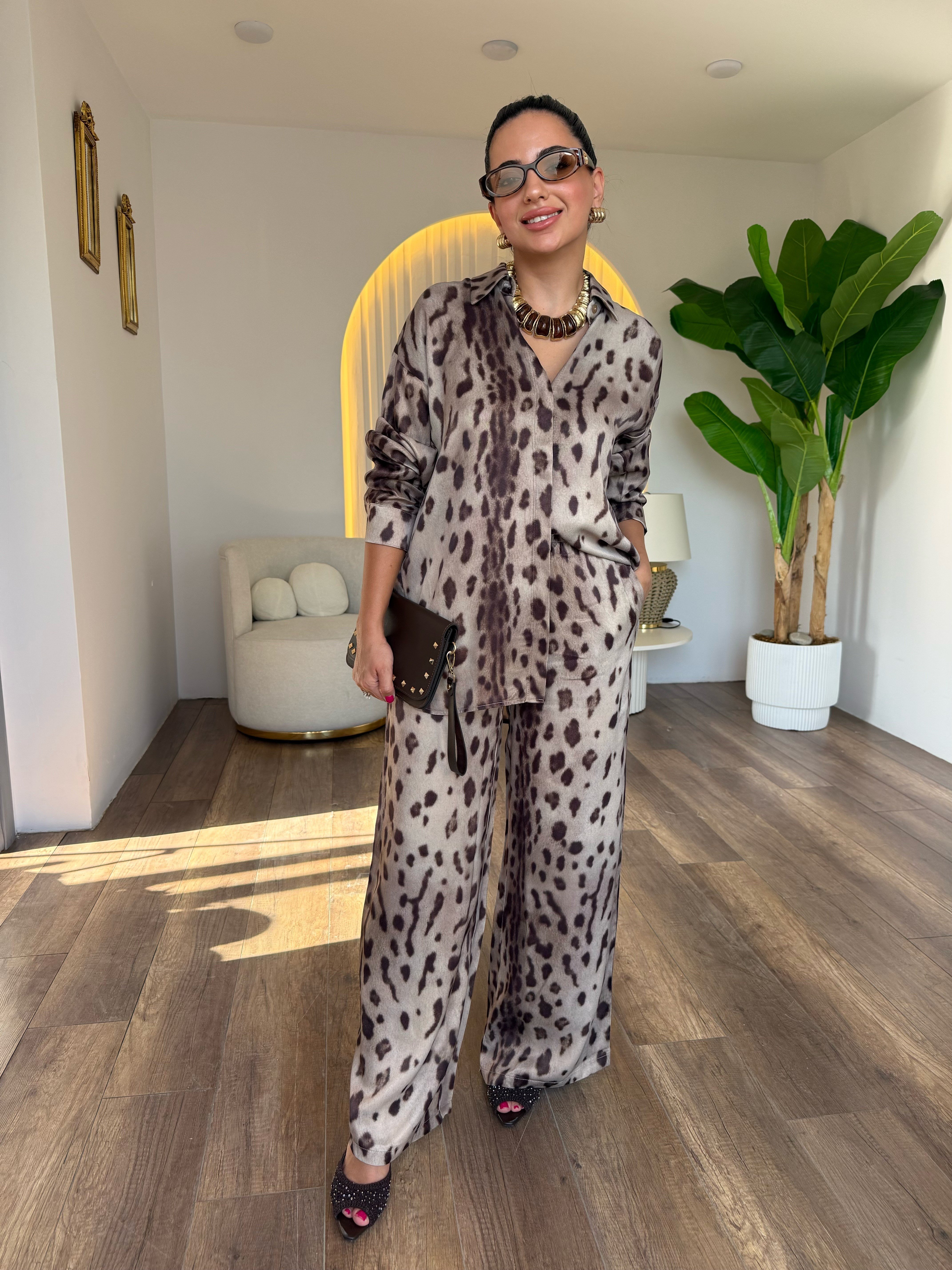 12185 Leopar Desenli Saten Takım