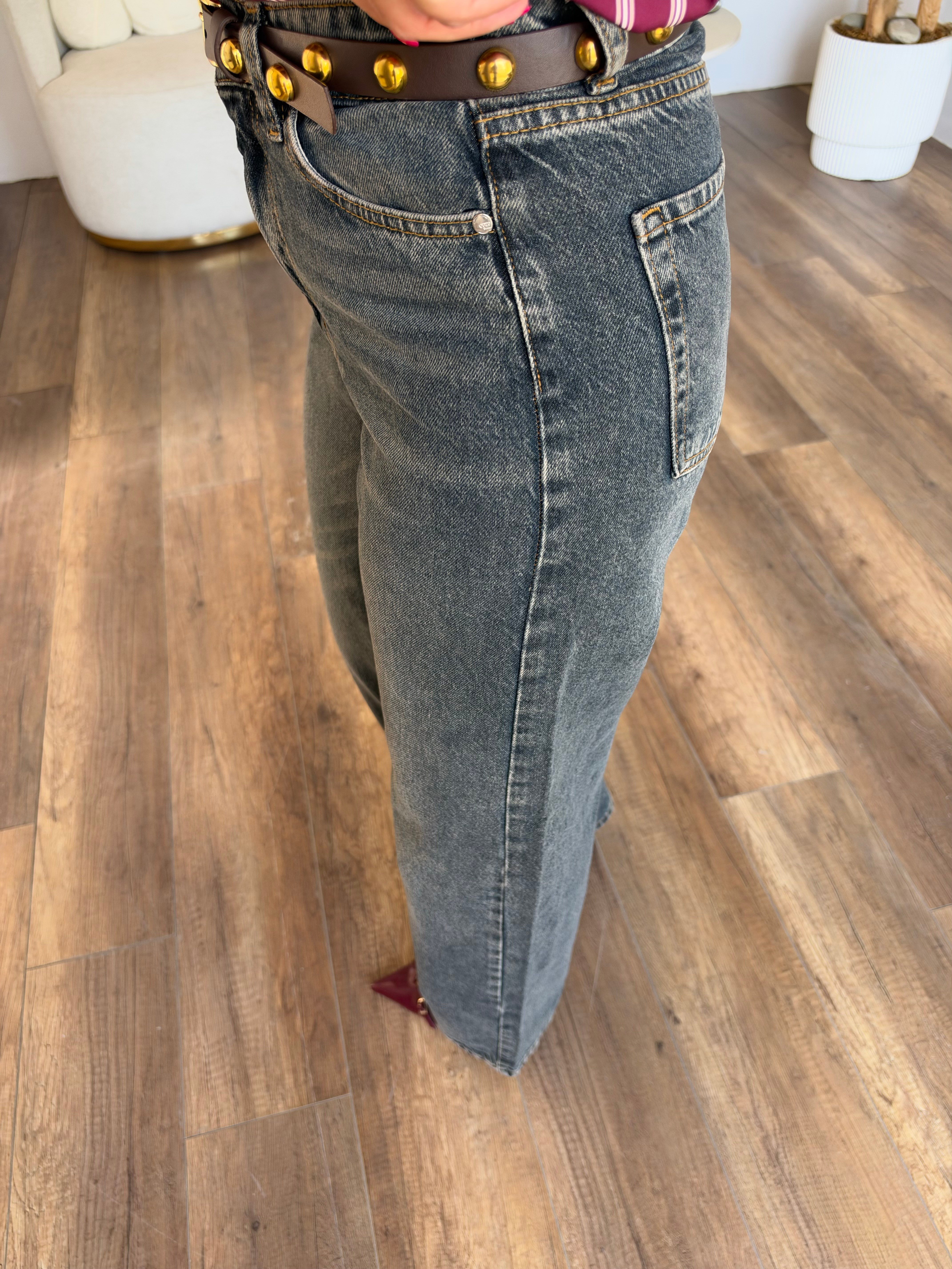 12192 Kendinden Kemerli Kot Pantolon