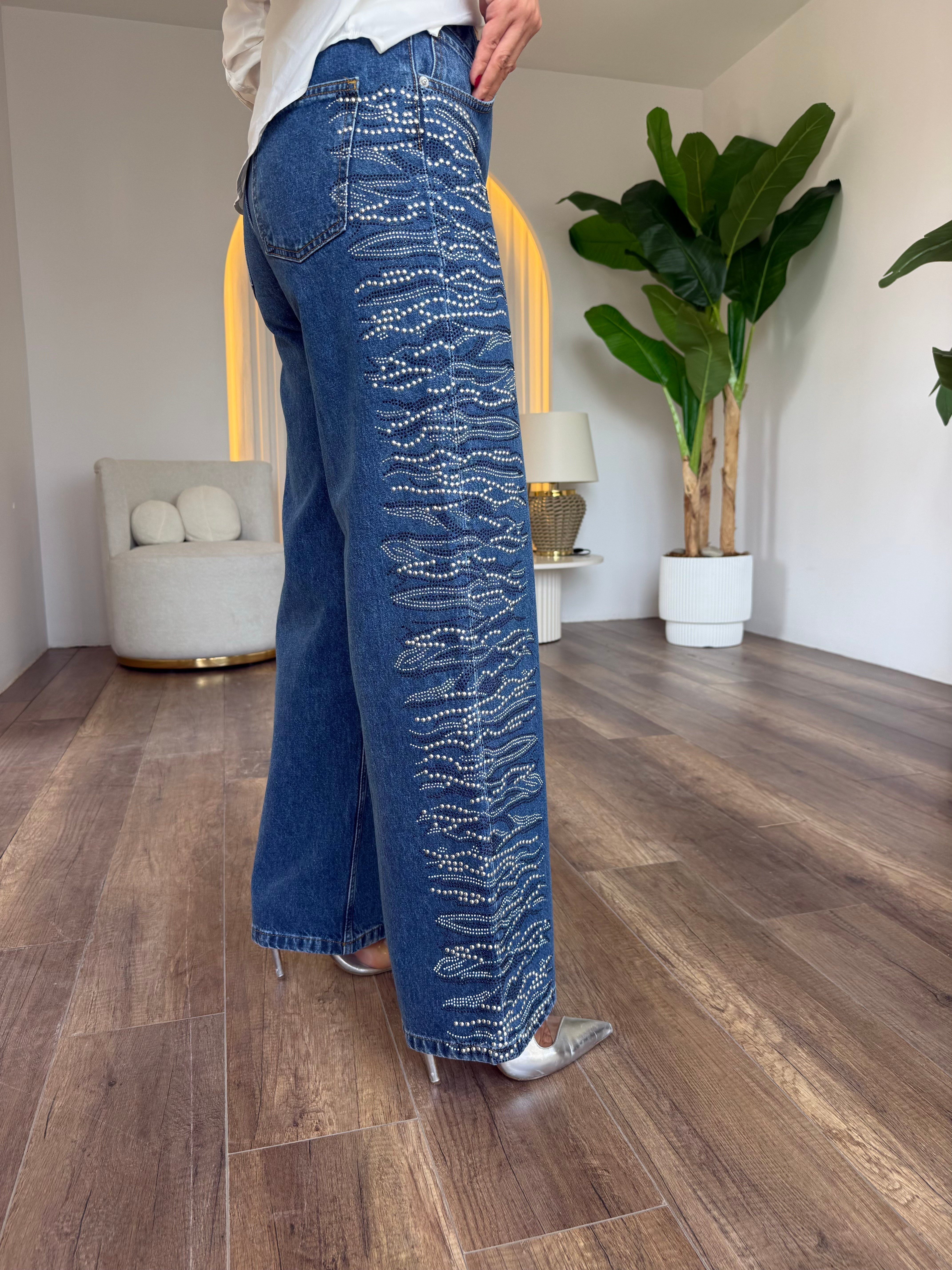 12268 Yanları Taşlı Kot Pantolon