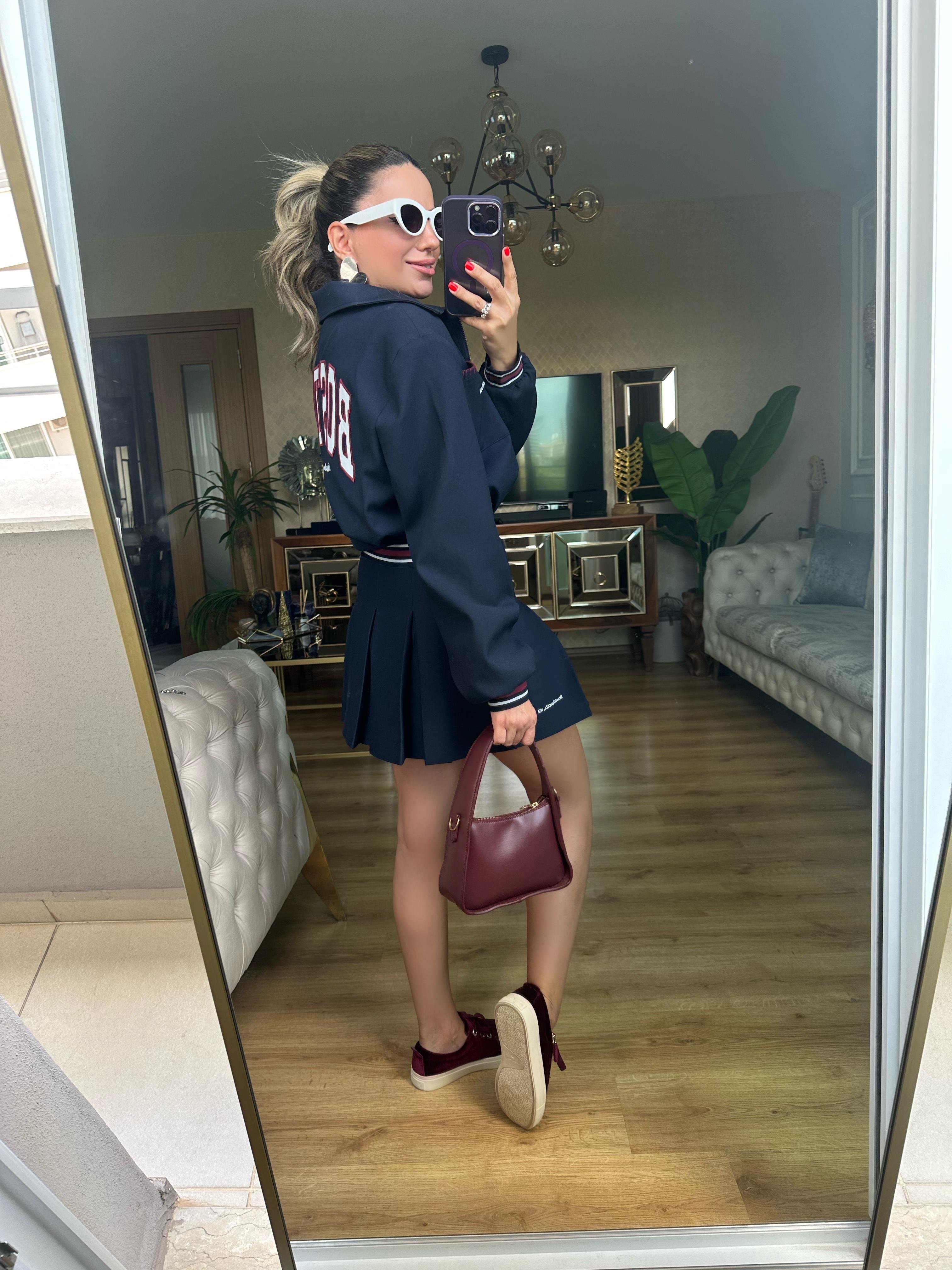8459 Lacivert Bordo Çizgili Şort Etek Ceket Takım
