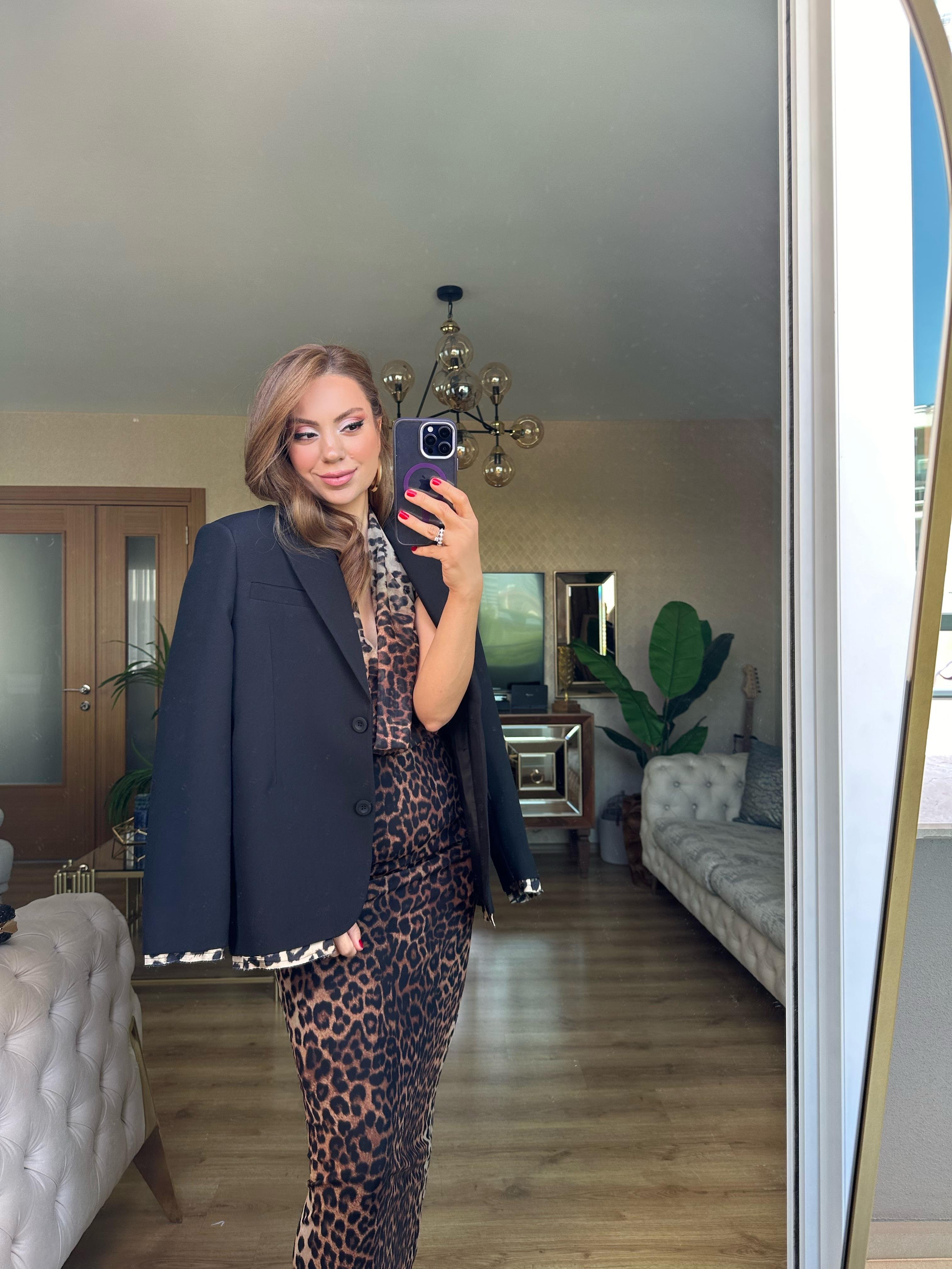 8485 Siyah Leopar Parça Detaylı Blazer Ceket