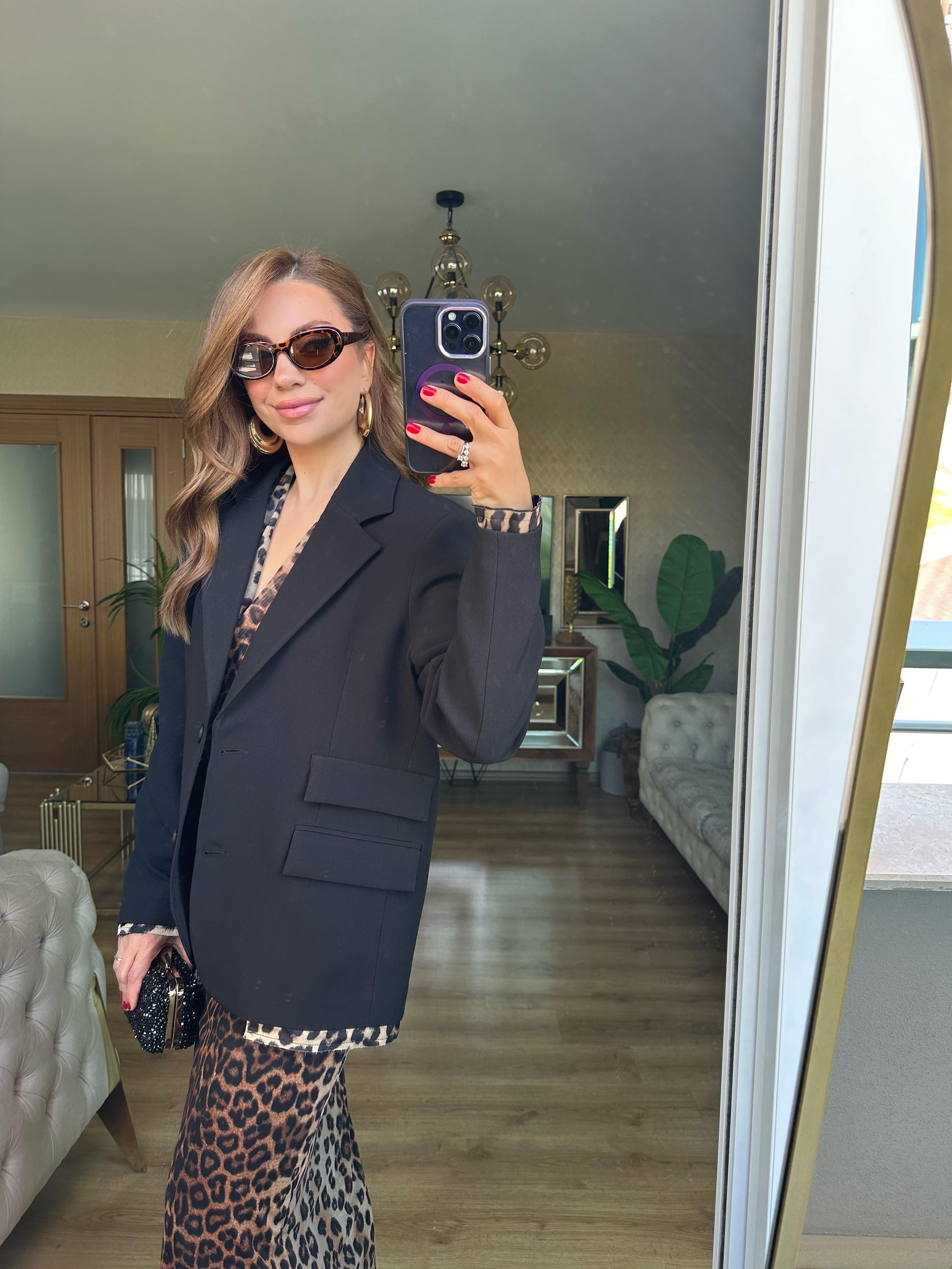 8485 Siyah Leopar Parça Detaylı Blazer Ceket