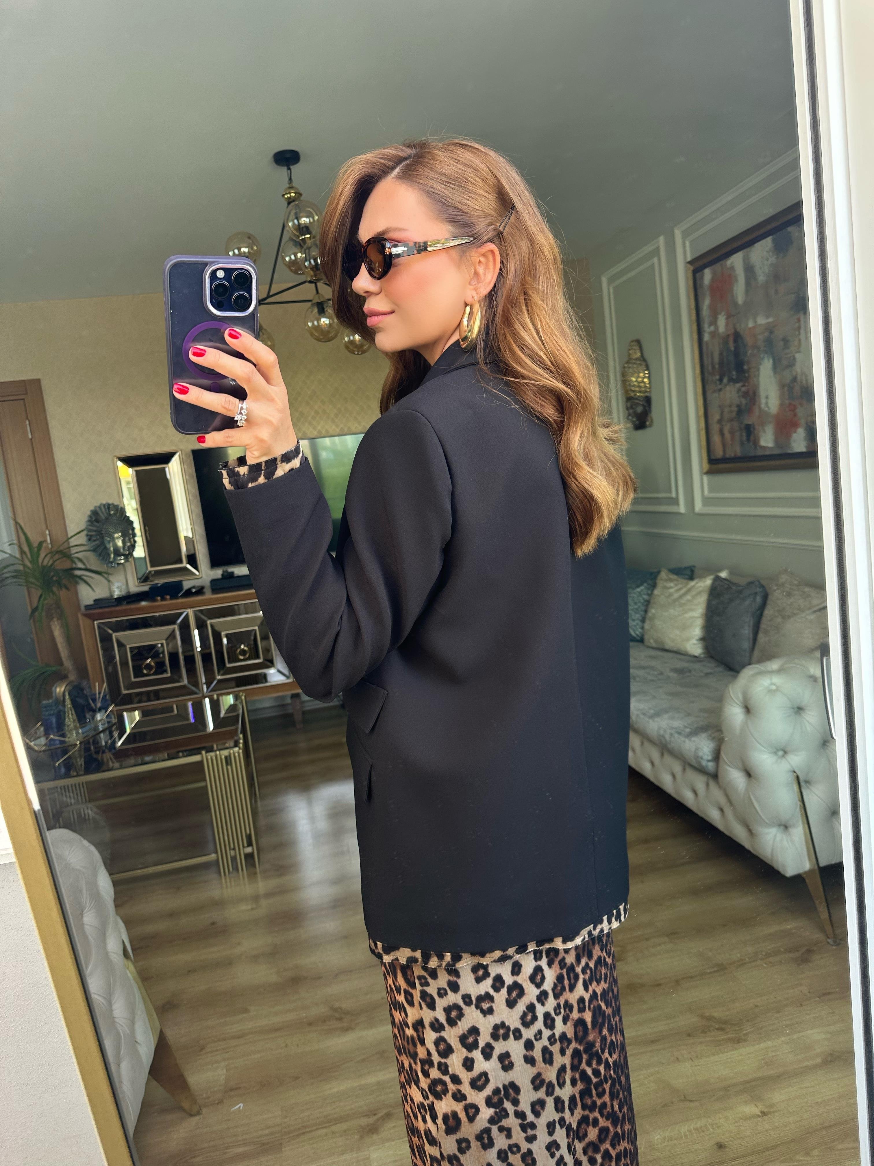 8485 Siyah Leopar Parça Detaylı Blazer Ceket