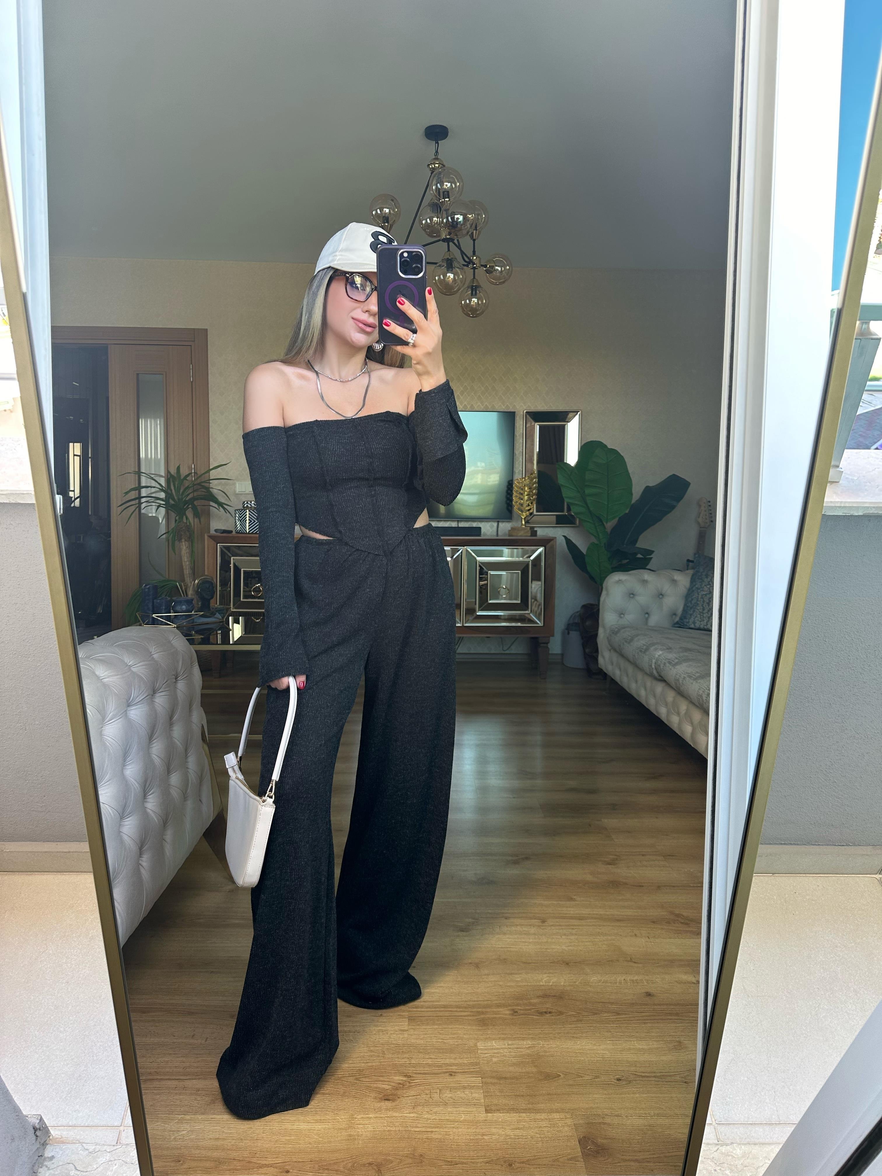 8512 Düşük Omuz Triko Bluz Pantolon Takım