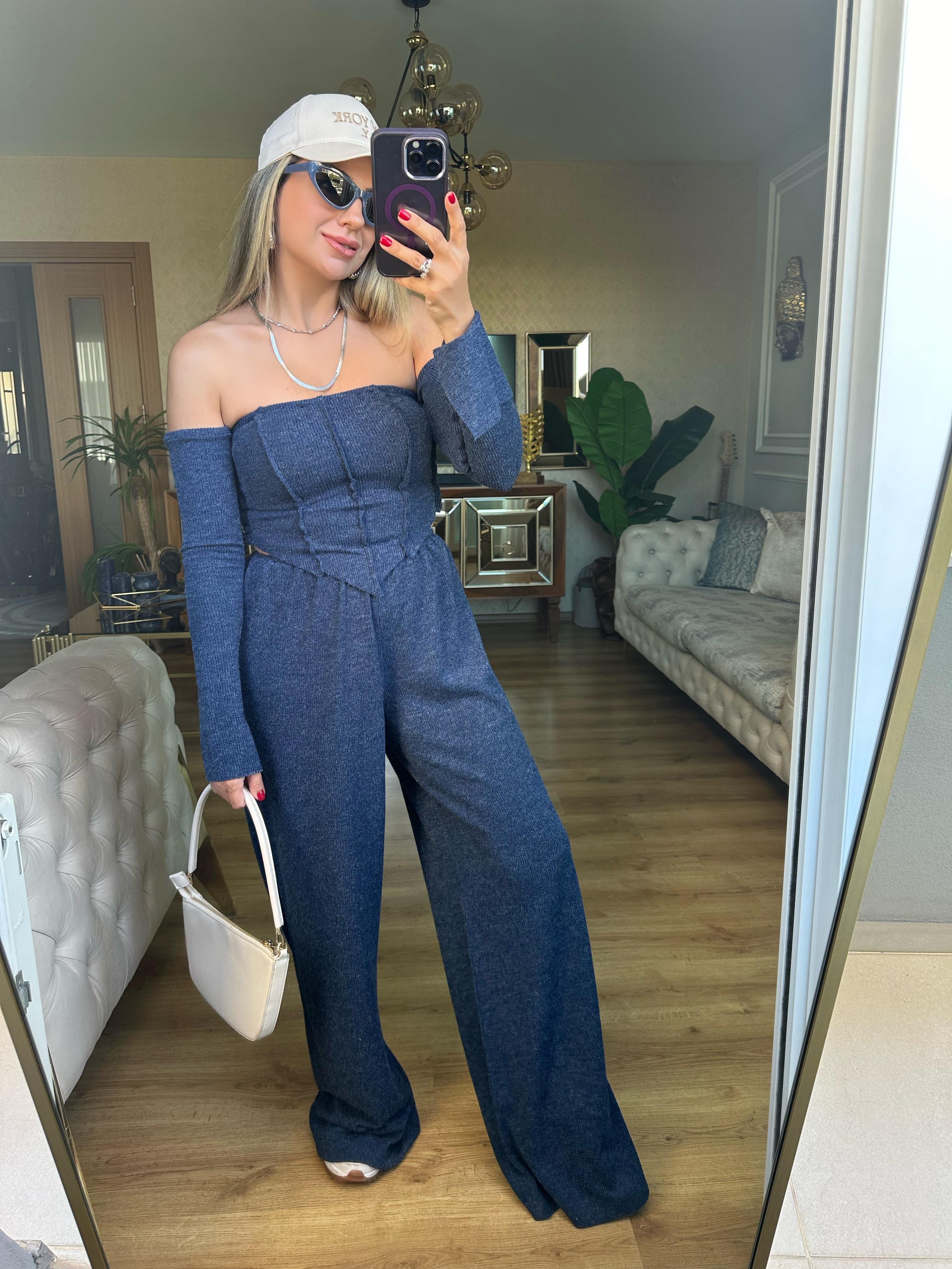 8512 Düşük Omuz Triko Bluz Pantolon Takım