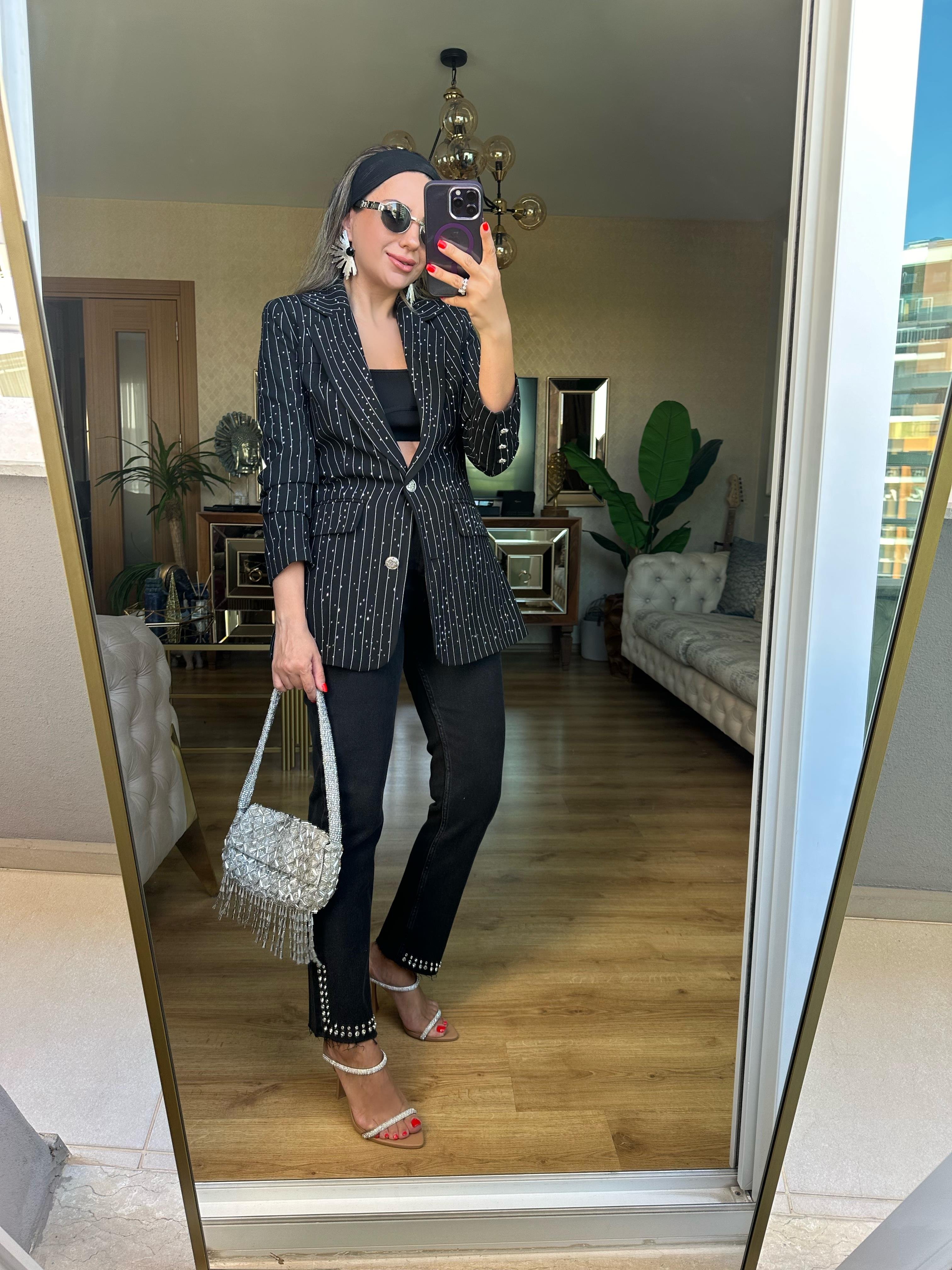 8534 Siyah Taşlı Tasarım Blazer Ceket